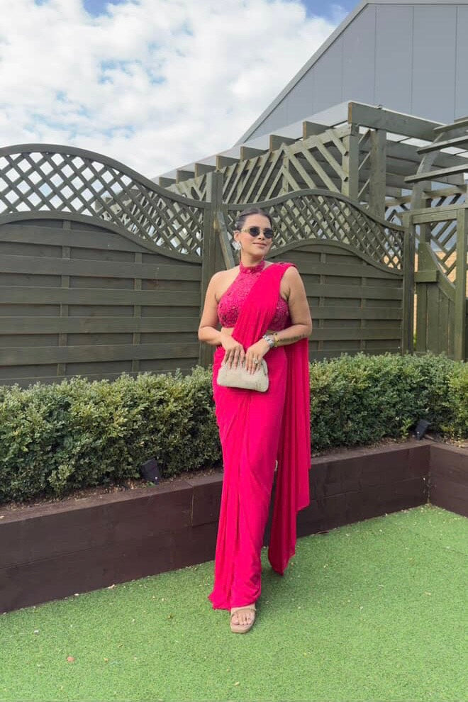 Syraa Red Embroidred Halter Neck Drape Saree