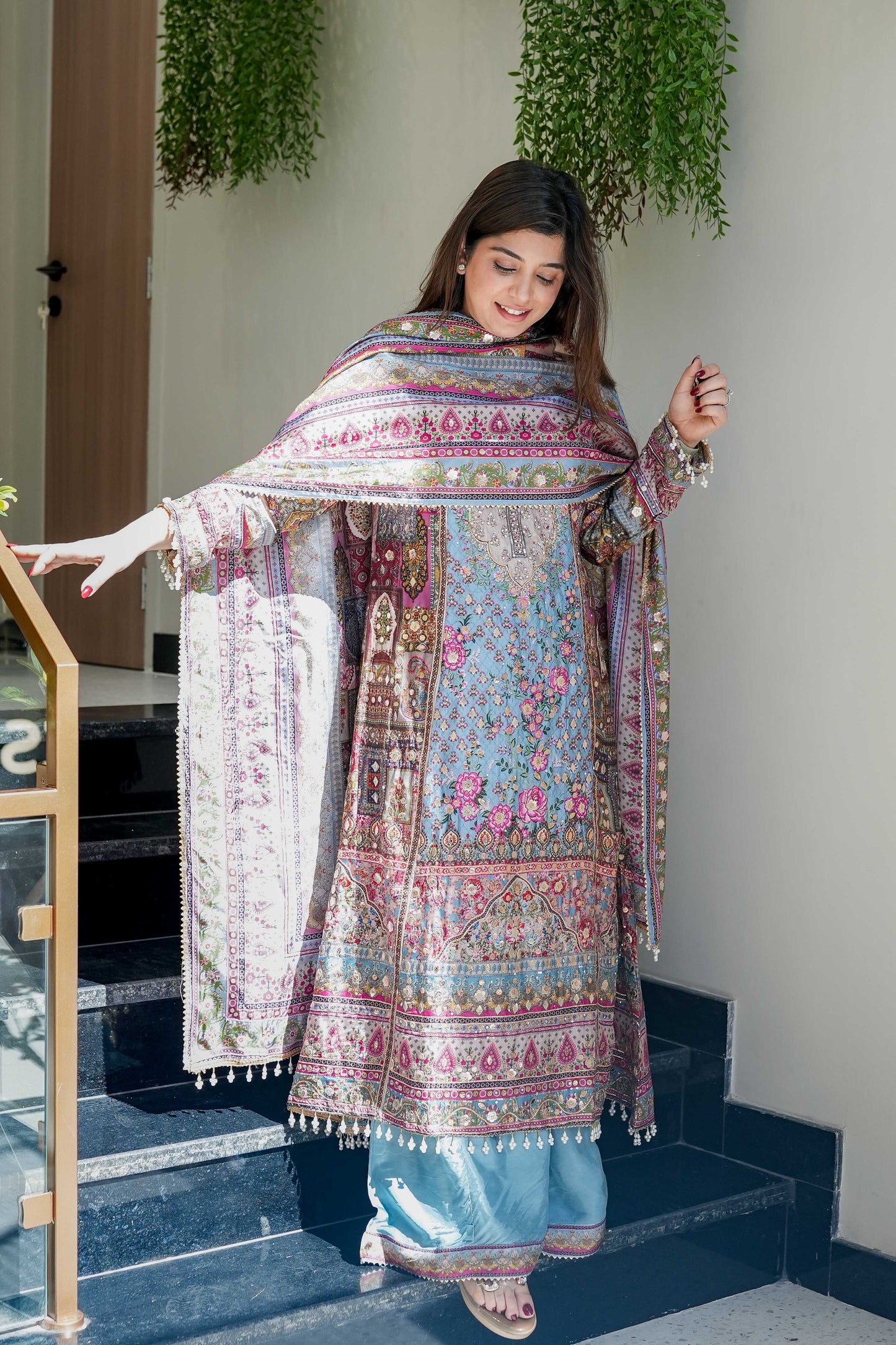 Blue Digital Print Sline Suit Set