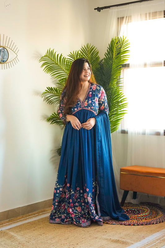 Samay Blue Voluminous Maxi With Dupatta