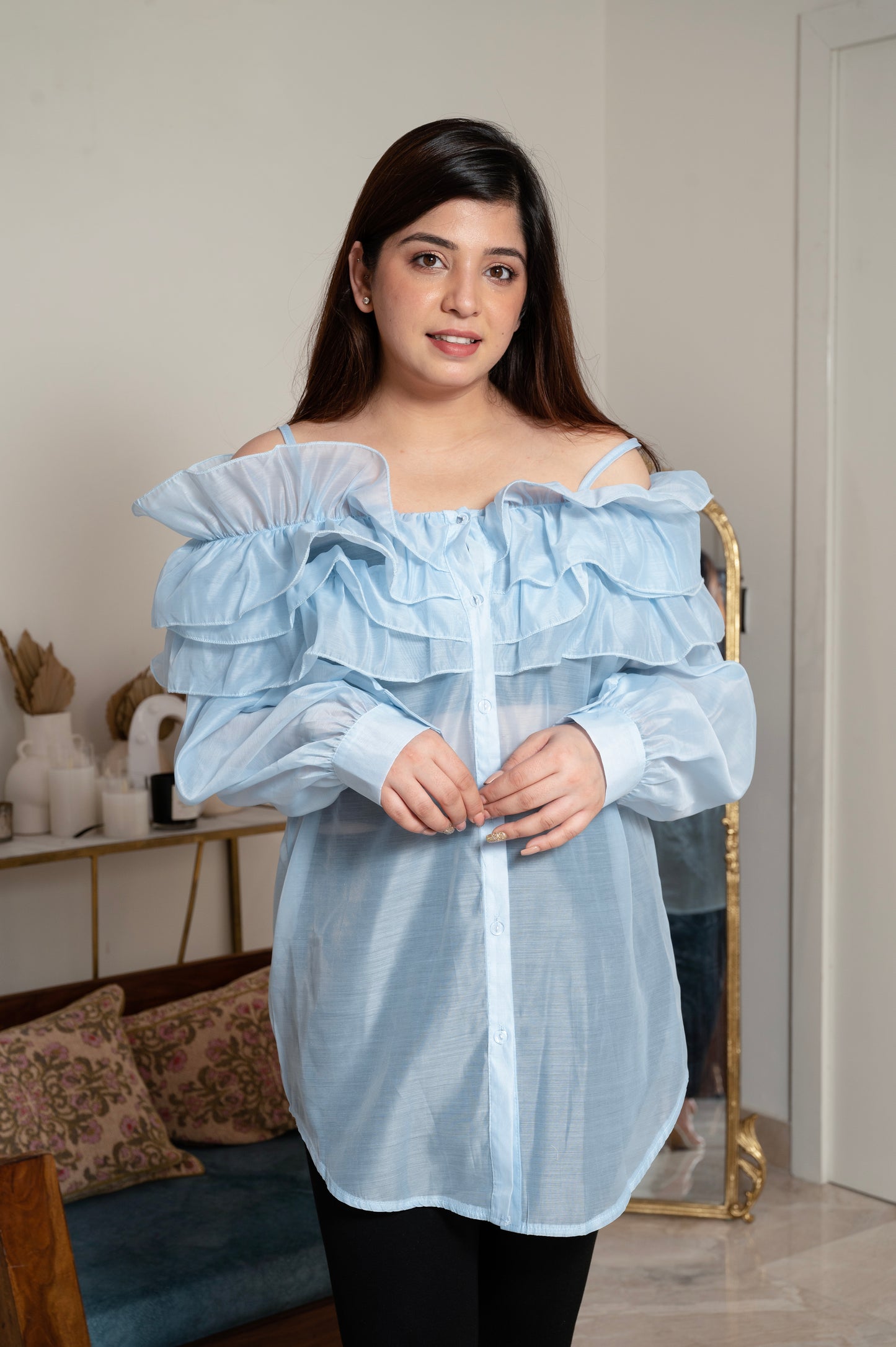 Thea Blue Frill Cold Shoulder Top