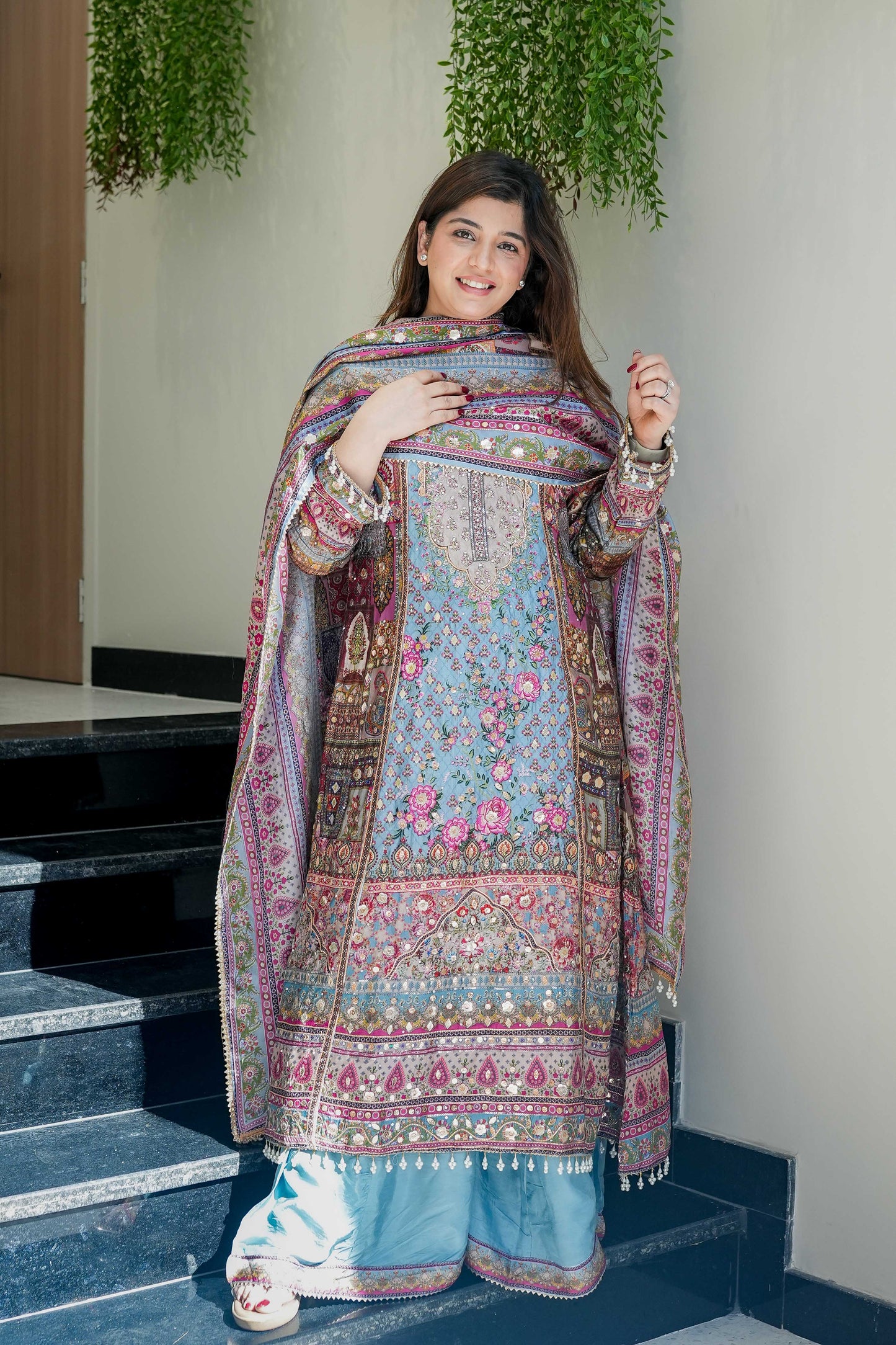 Blue Digital Print Sline Suit Set