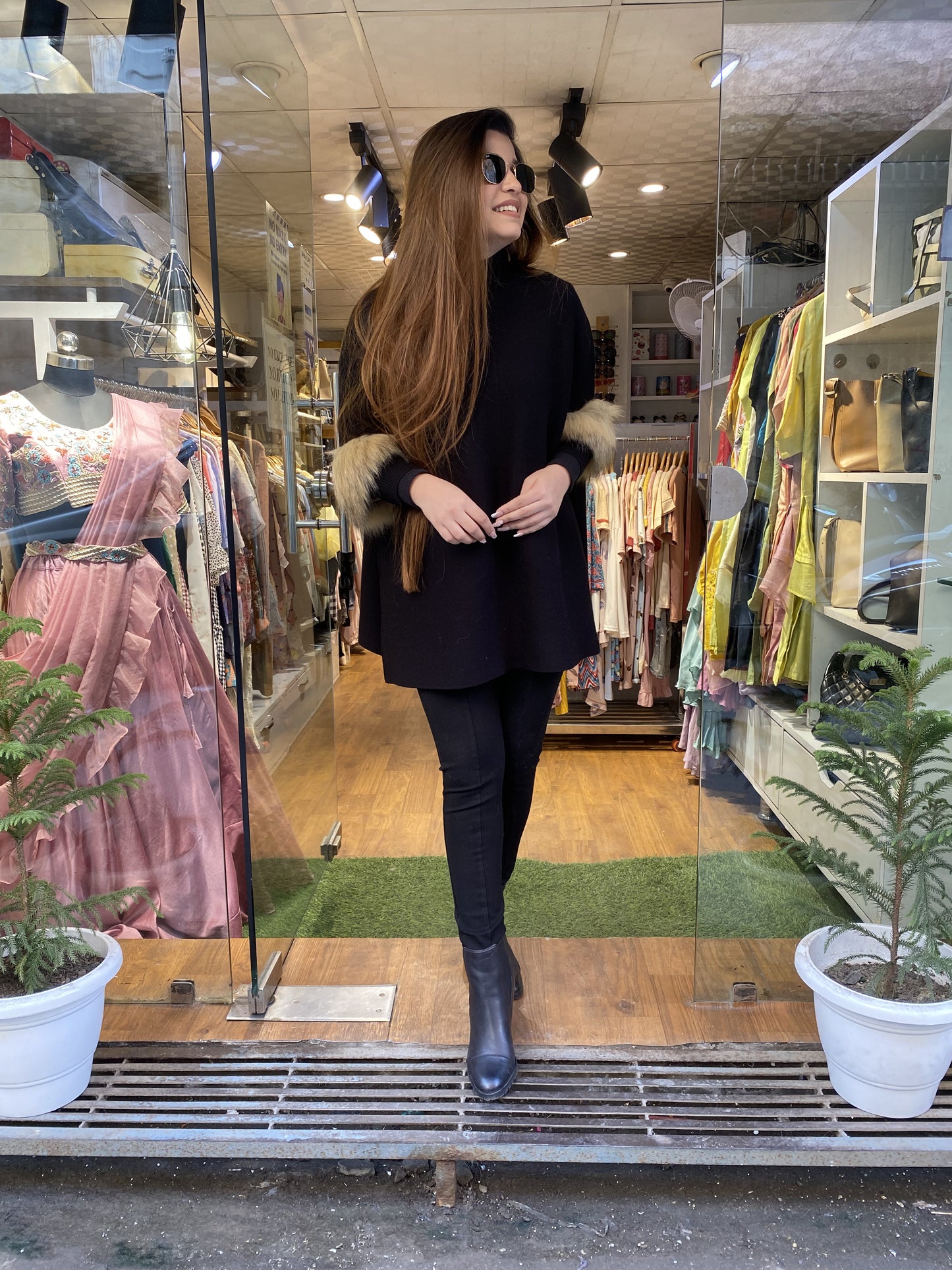 Milie Black Faux Furr Woollen Cape