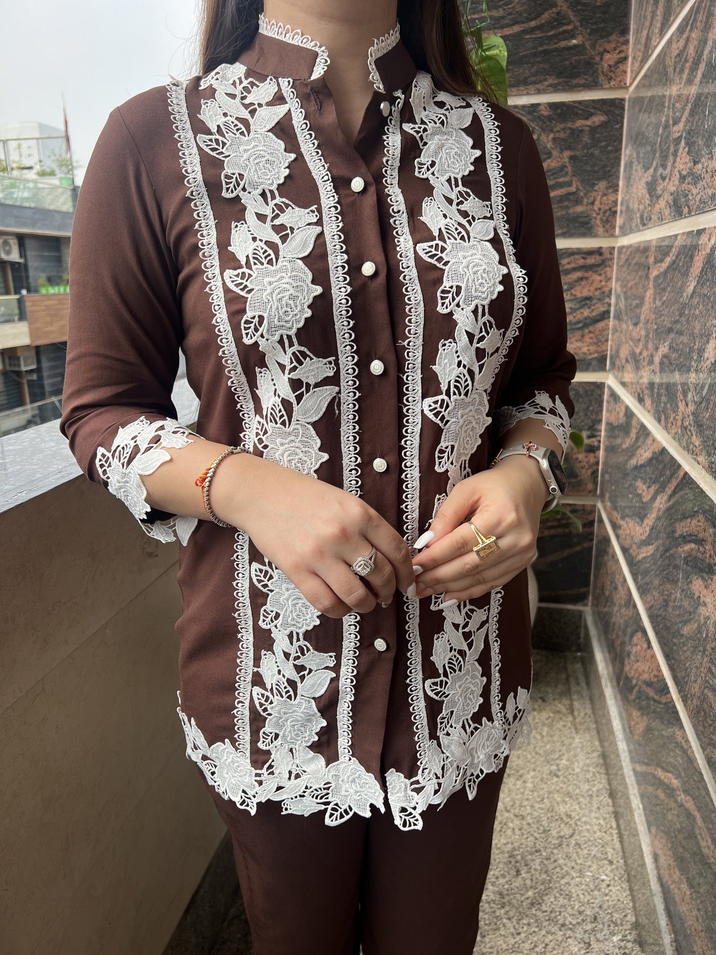 Sainj Brown Cordset With Schiffli Lace Detailing