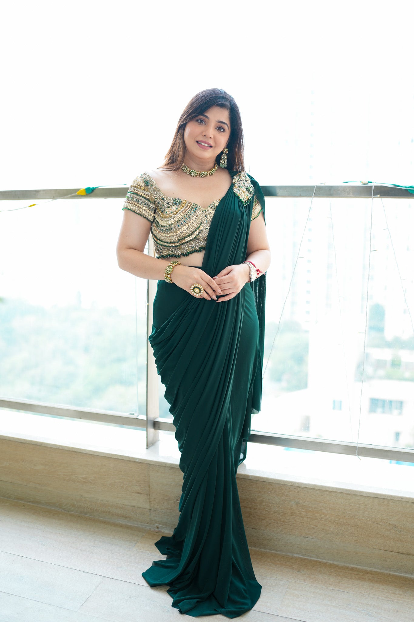 Raha Green Embroidered Drape Saree