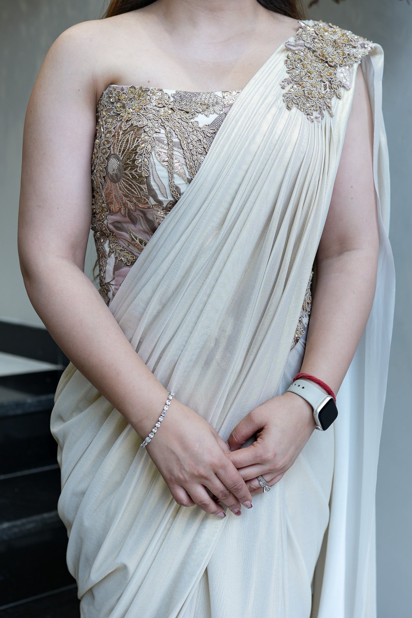 Kamra Champagne Cordset Drape Saree