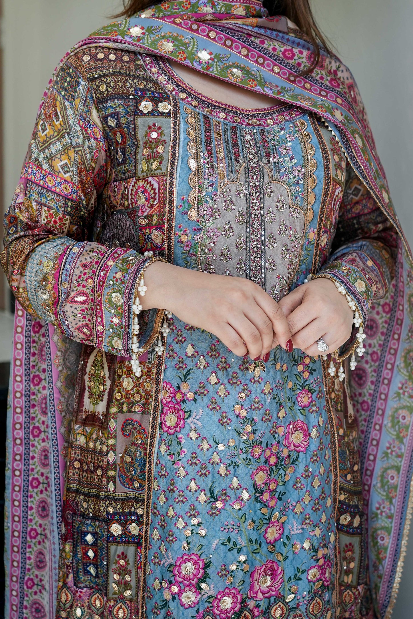 Blue Digital Print Sline Suit Set
