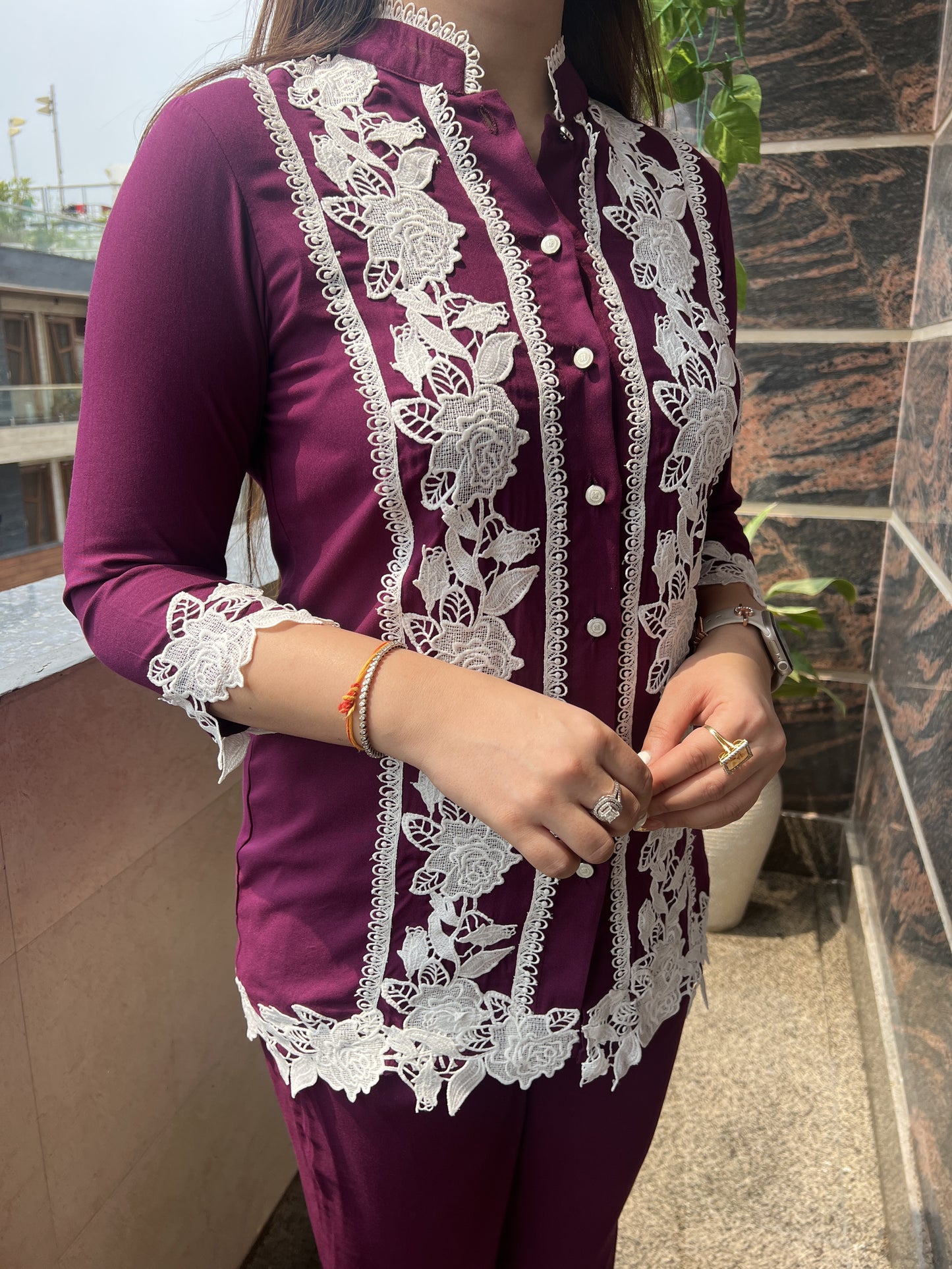 Sainj Wine Cordset With Schiffli Lace Detailing