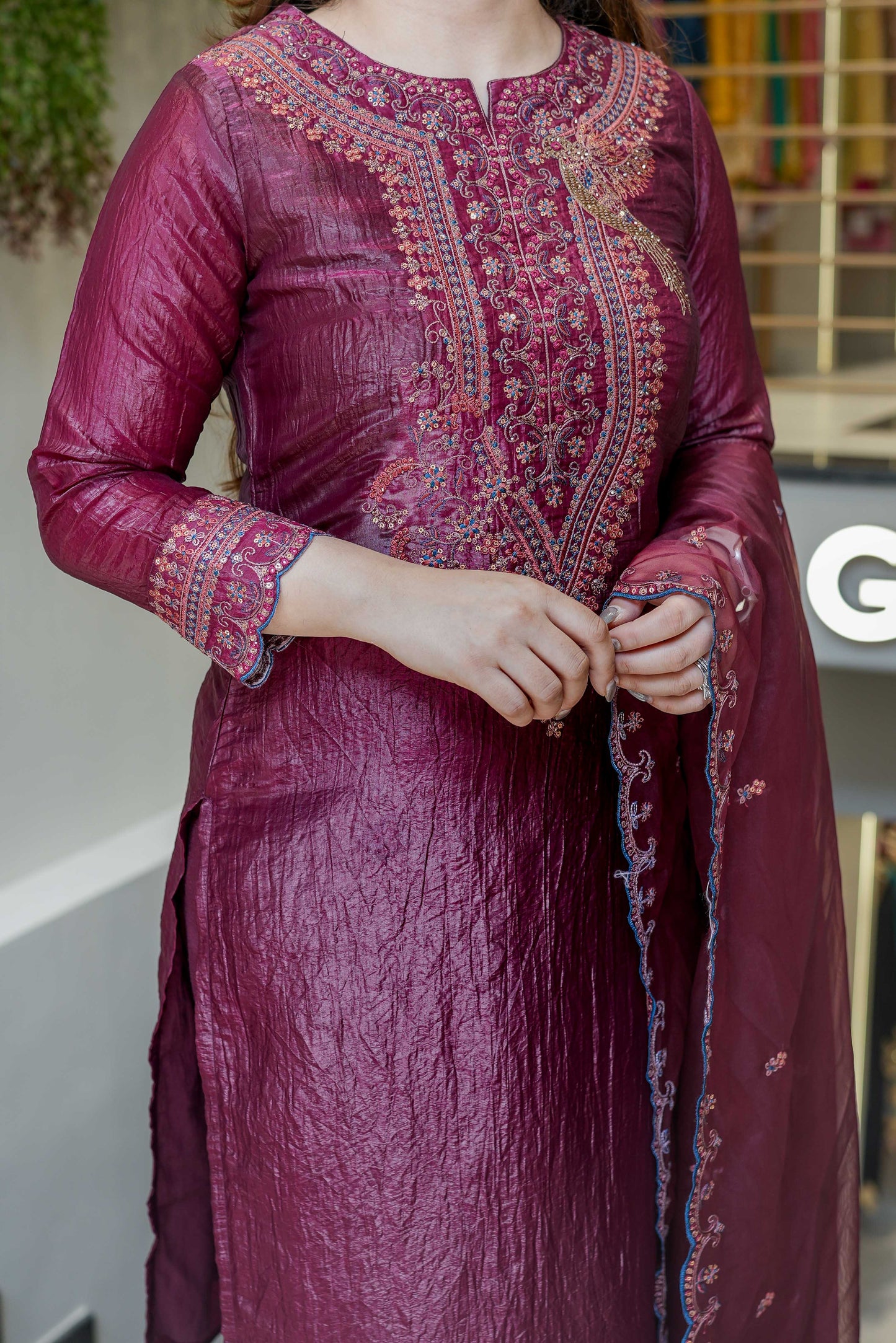 Sehra Wine Embroidered Suit Set