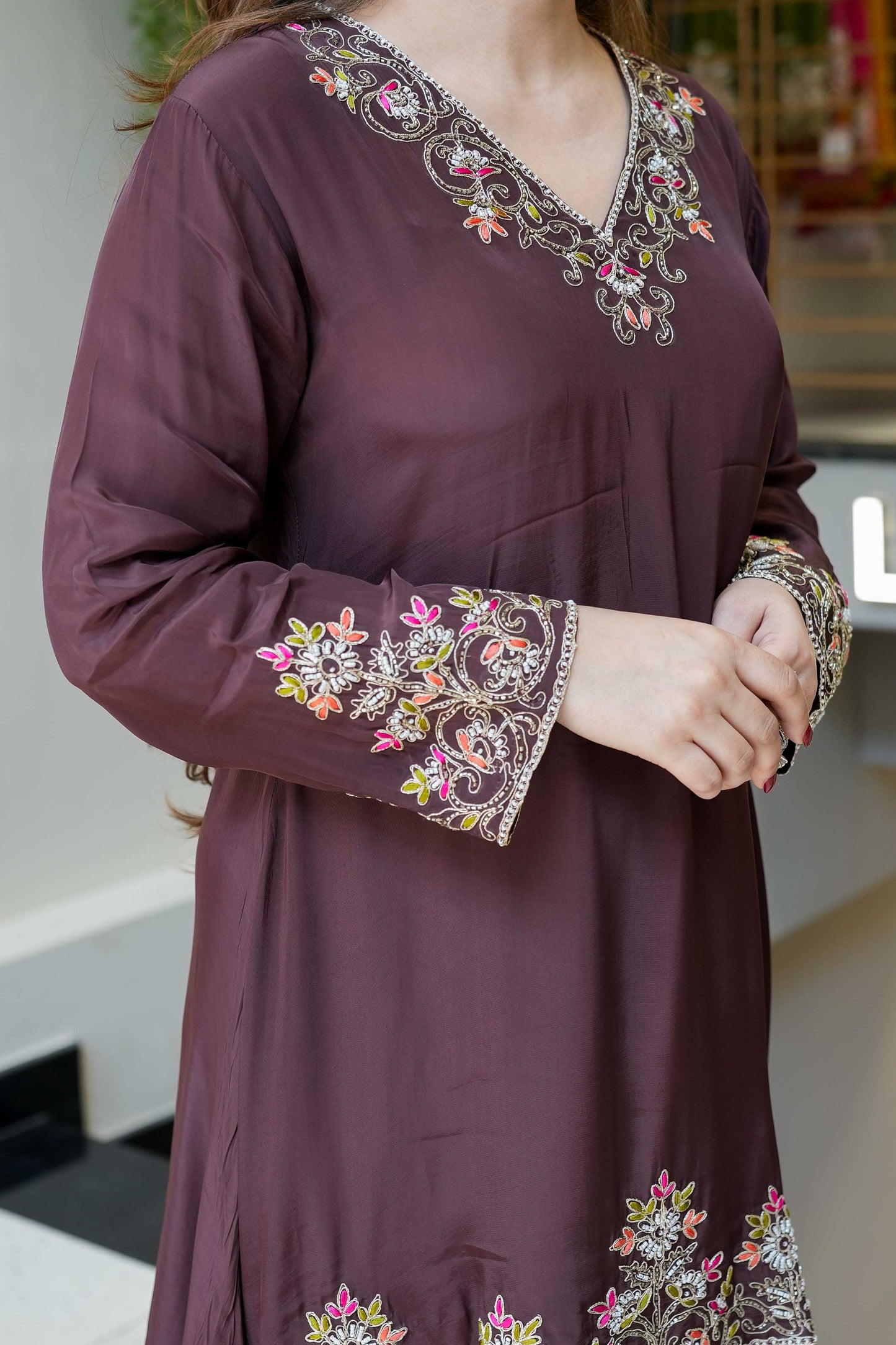 Dehra Brown Hand Embroidered Plazo Set