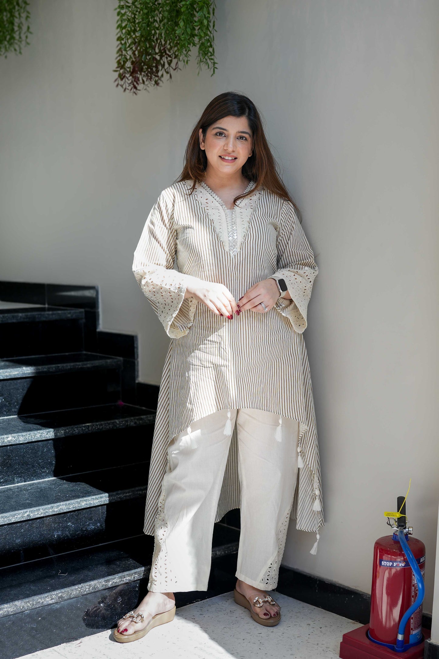 Seemat Brown Striped Schiffli Co ord Sets