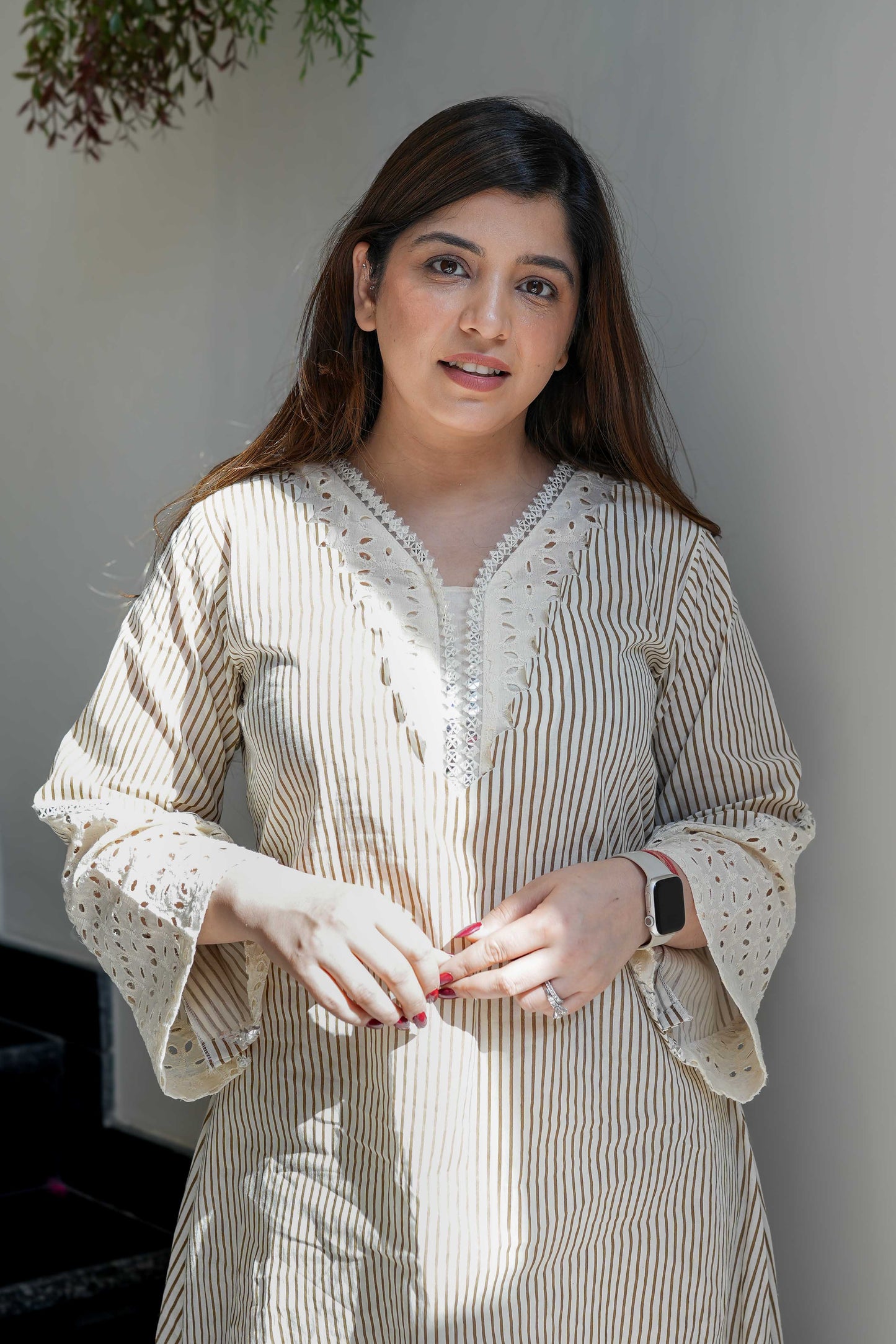 Seemat Brown Striped Schiffli Co ord Sets
