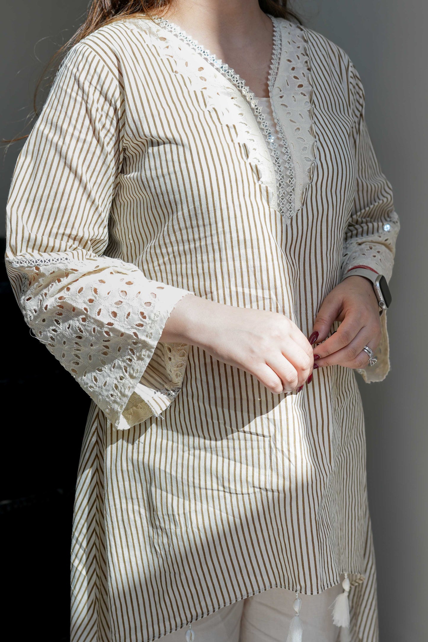 Seemat Brown Striped Schiffli Co ord Sets