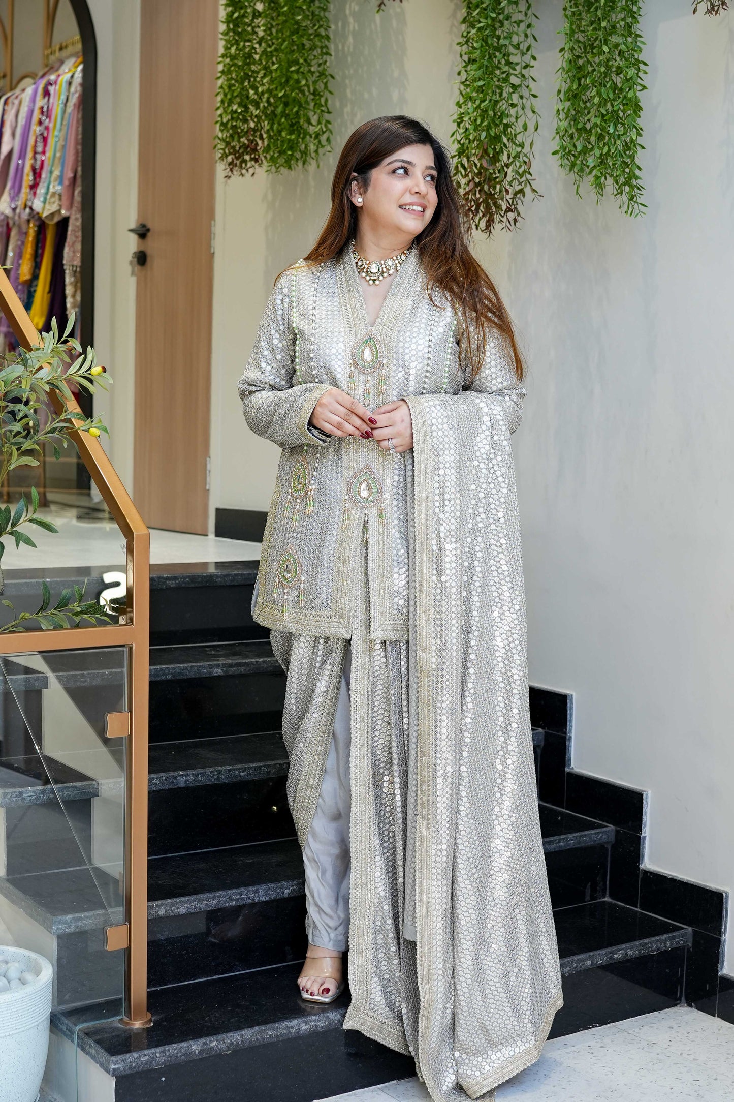 Aqsa Silver Luxe Suit Set