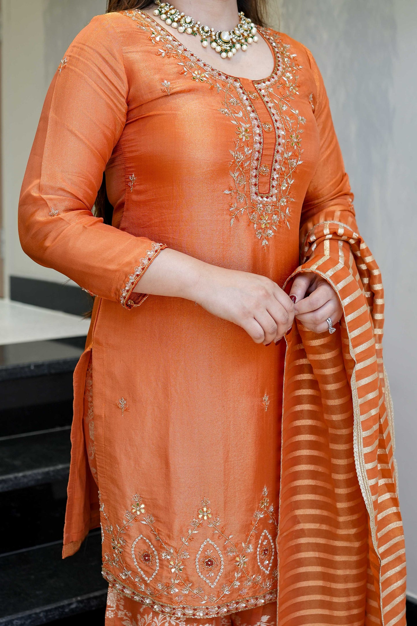 Amira Orange Embroidered Garara Set
