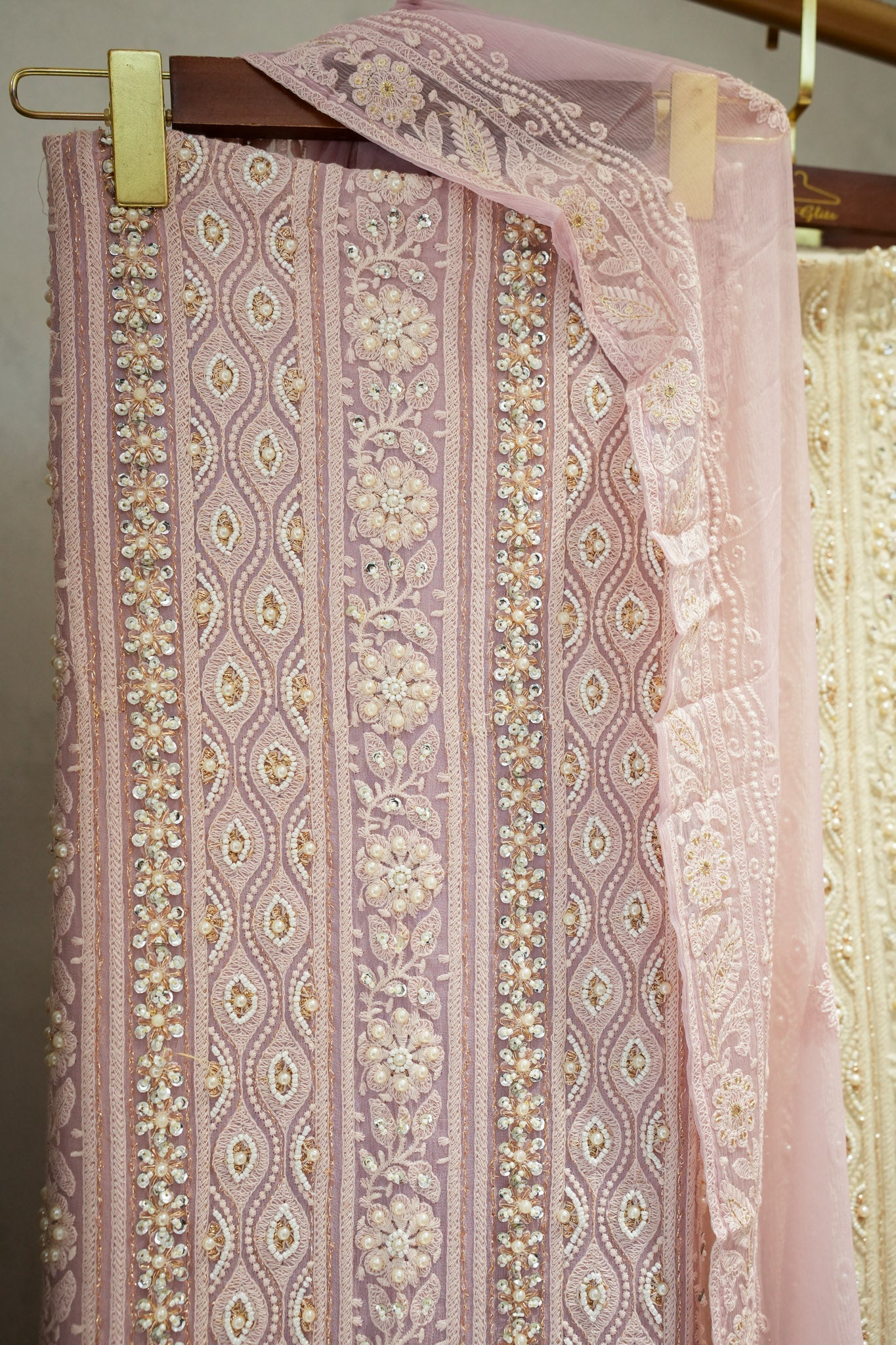 Tuna Georgette Lucknavi Unstitched Suit With Pearls Detailing