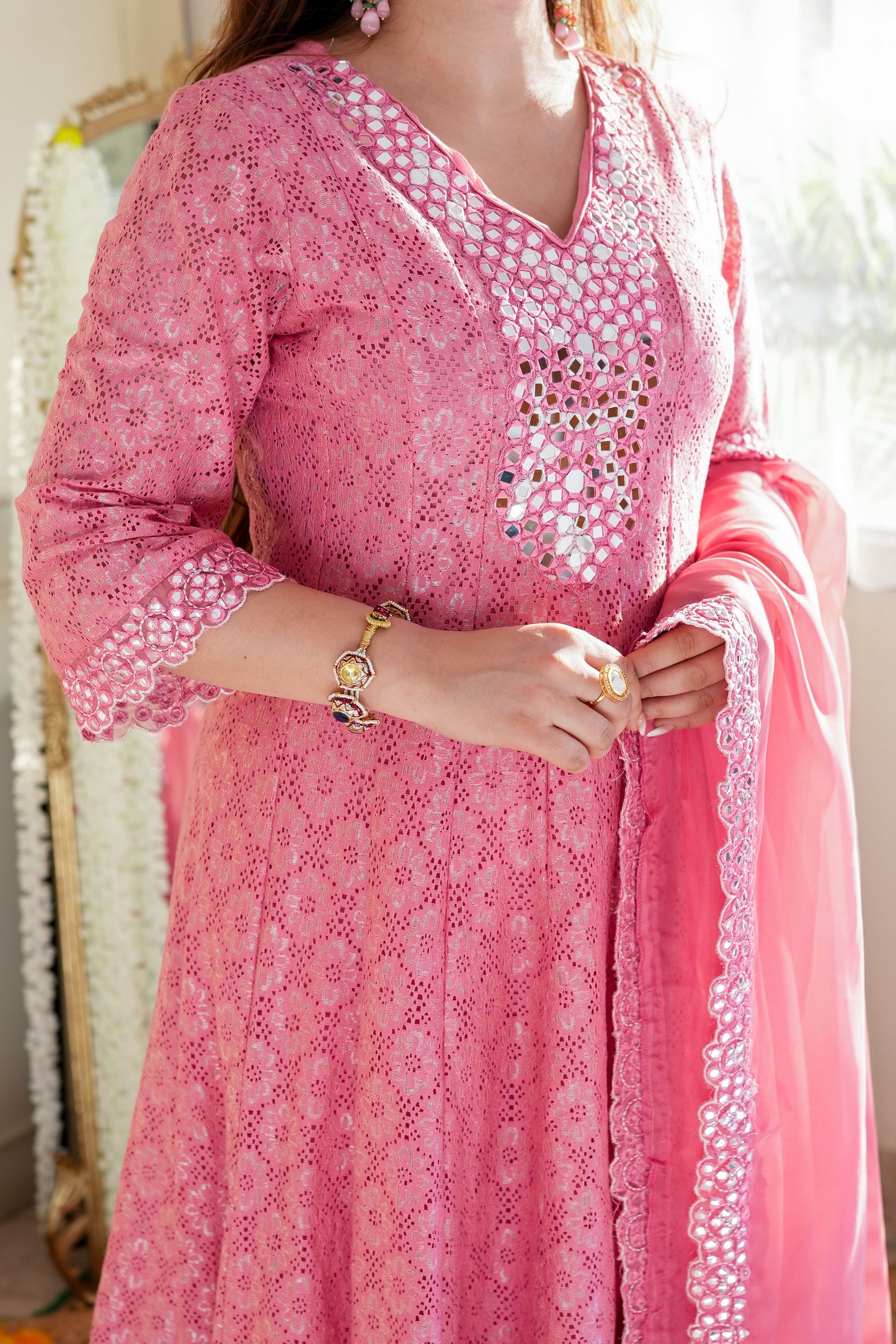 Neyah Pink Cutwork Anarkali Suit Set