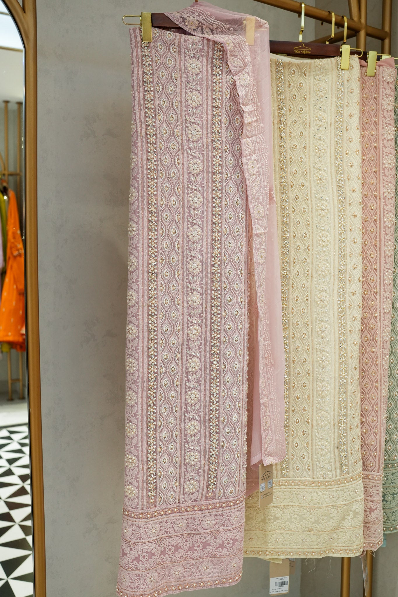 Tuna Georgette Lucknavi Unstitched Suit With Pearls Detailing