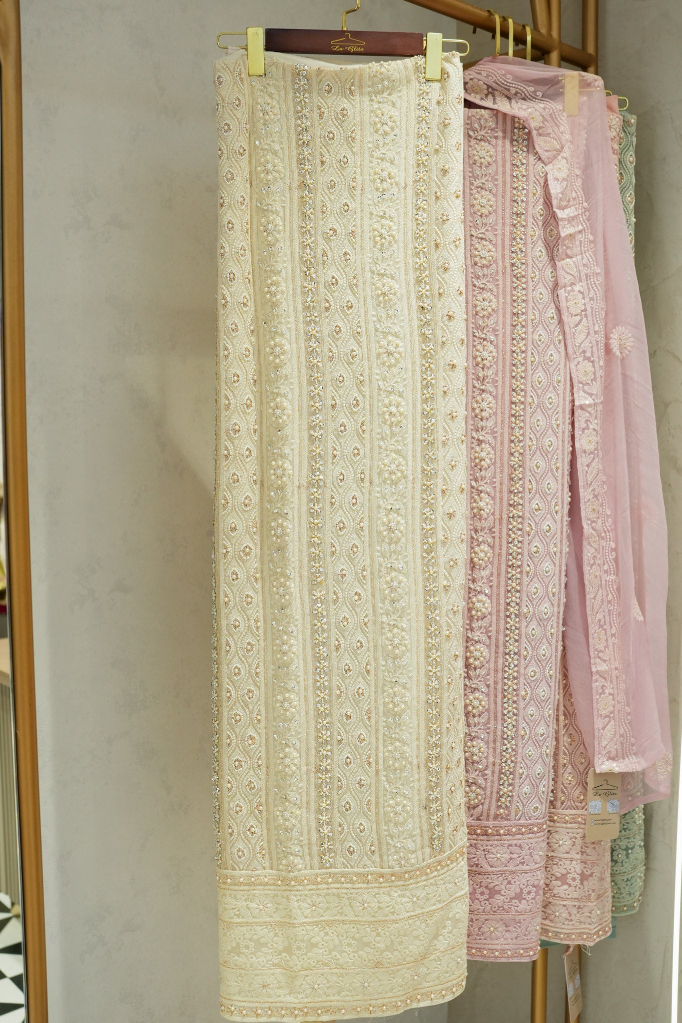 Tuna Georgette Lucknavi Unstitched Suit With Pearls Detailing