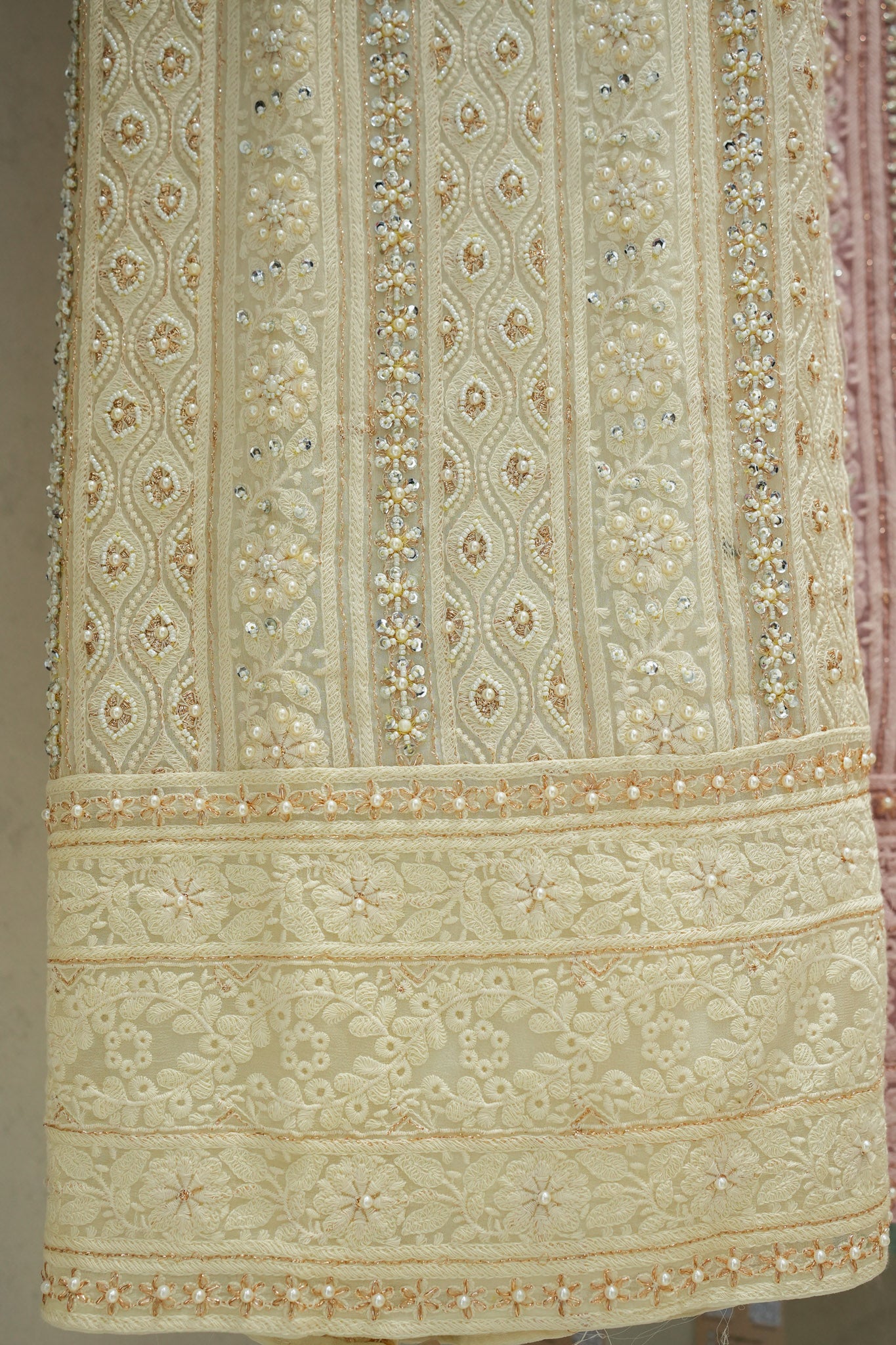 Tuna Georgette Lucknavi Unstitched Suit With Pearls Detailing