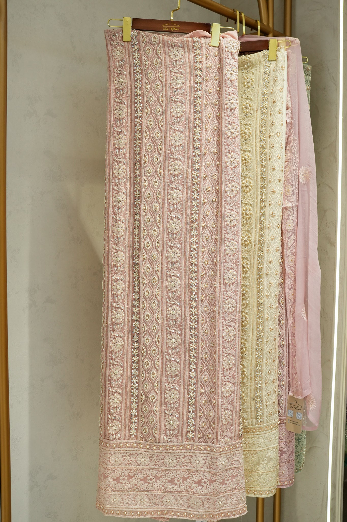 Tuna Georgette Lucknavi Unstitched Suit With Pearls Detailing
