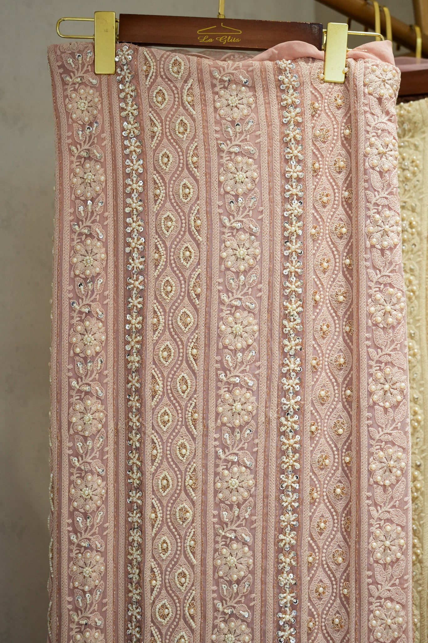 Tuna Georgette Lucknavi Unstitched Suit With Pearls Detailing