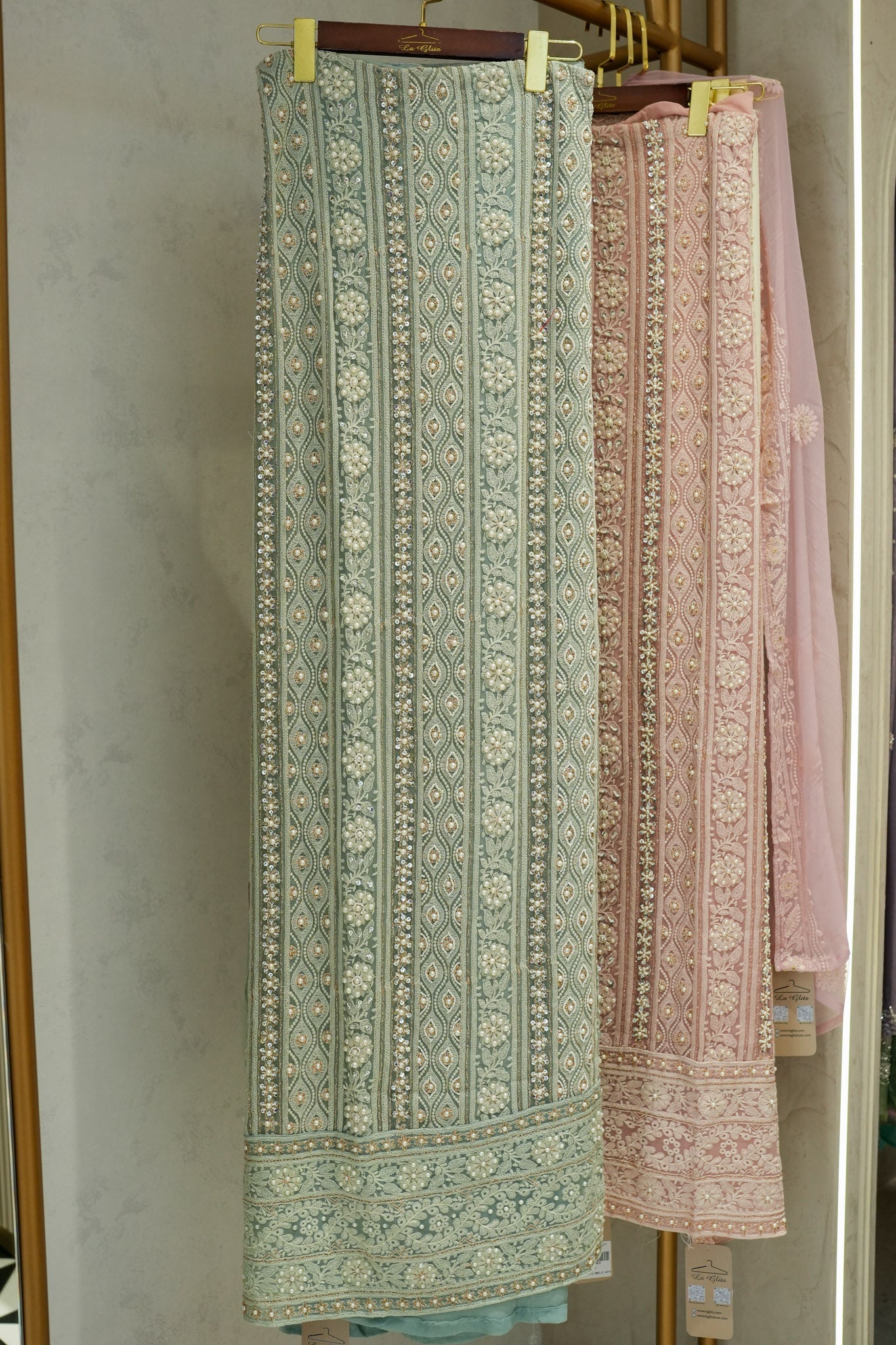 Tuna Georgette Lucknavi Unstitched Suit With Pearls Detailing