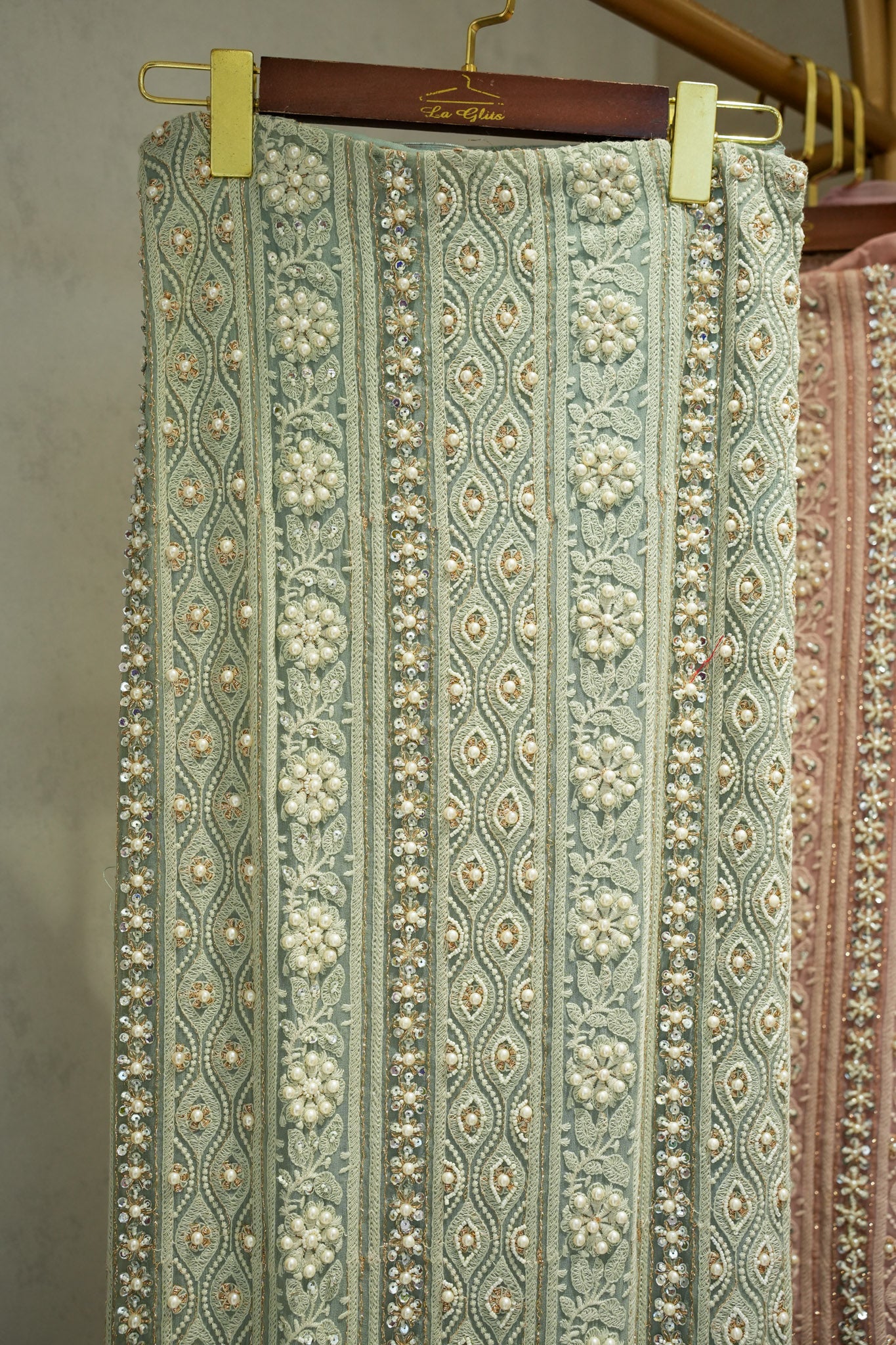 Tuna Georgette Lucknavi Unstitched Suit With Pearls Detailing