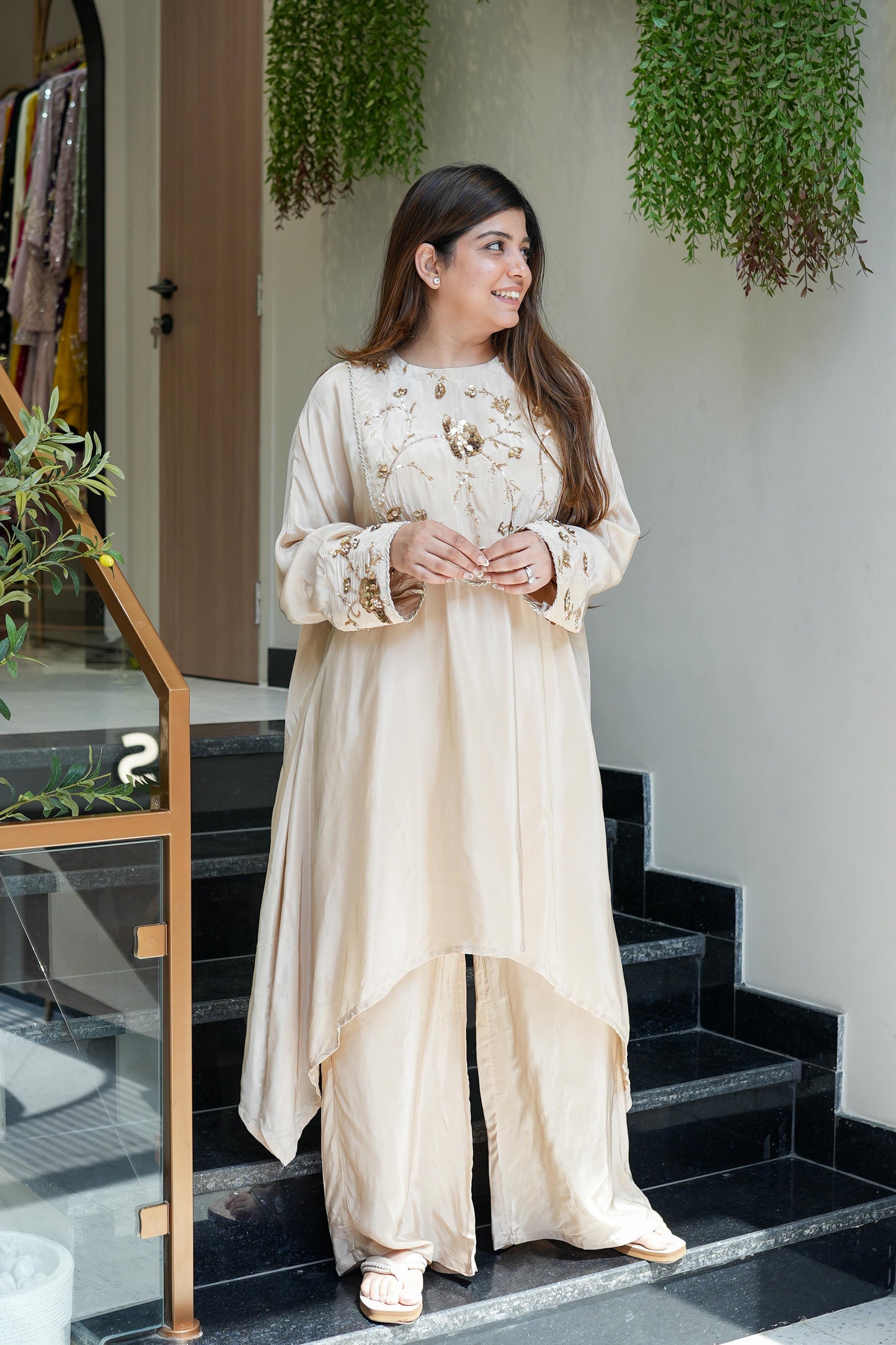 Anam Beige Embroidered Detailing Co ord Set