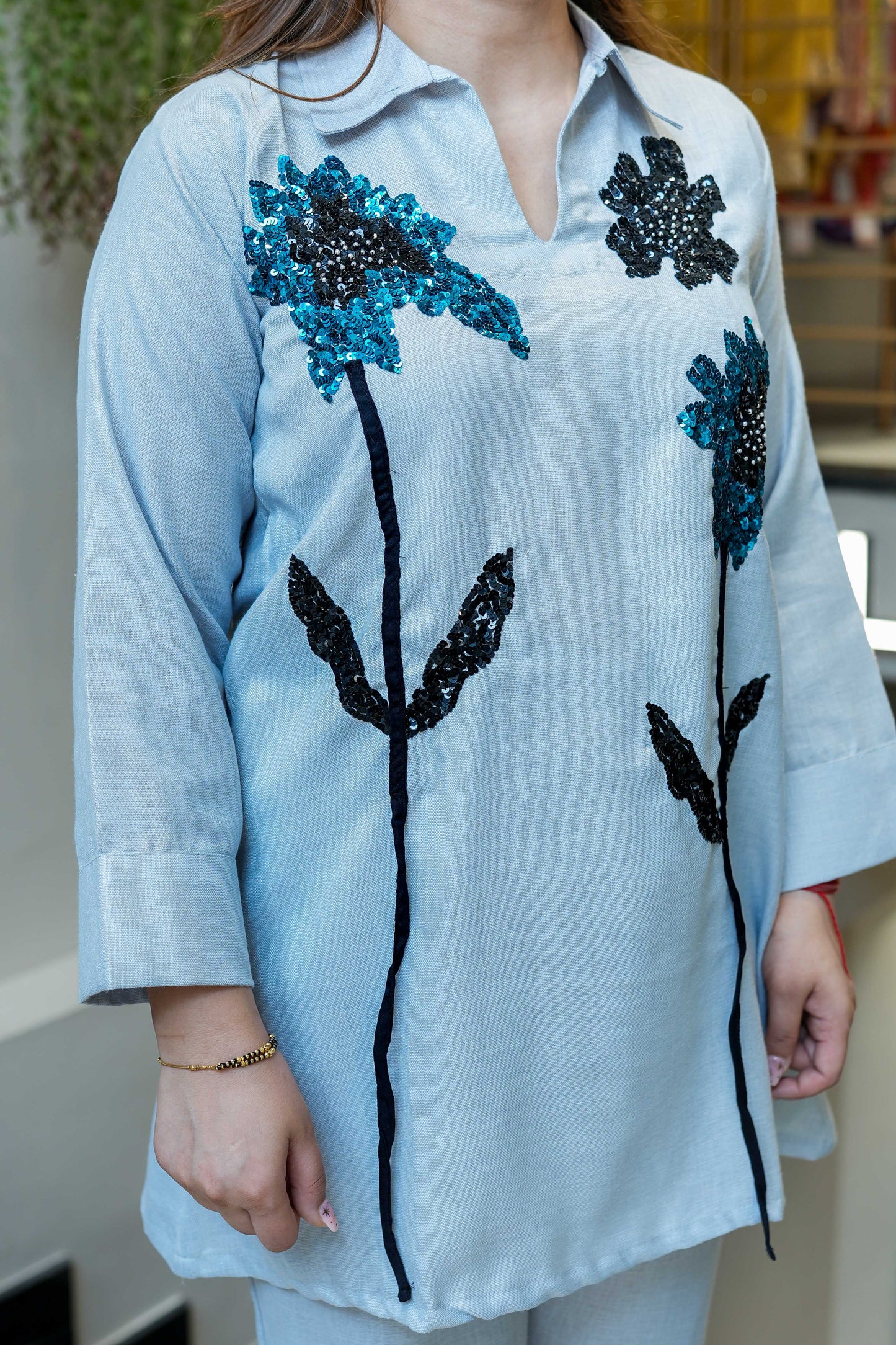 Charvi Blue Floral Sequins Detailing Co ord Set