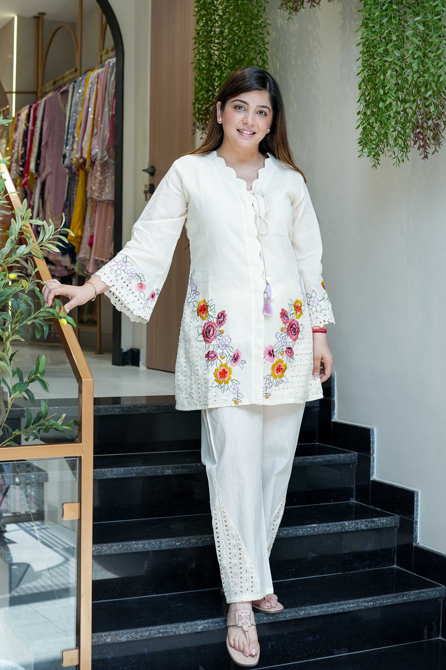 Sidra White Floral Schiffli Co ord Set