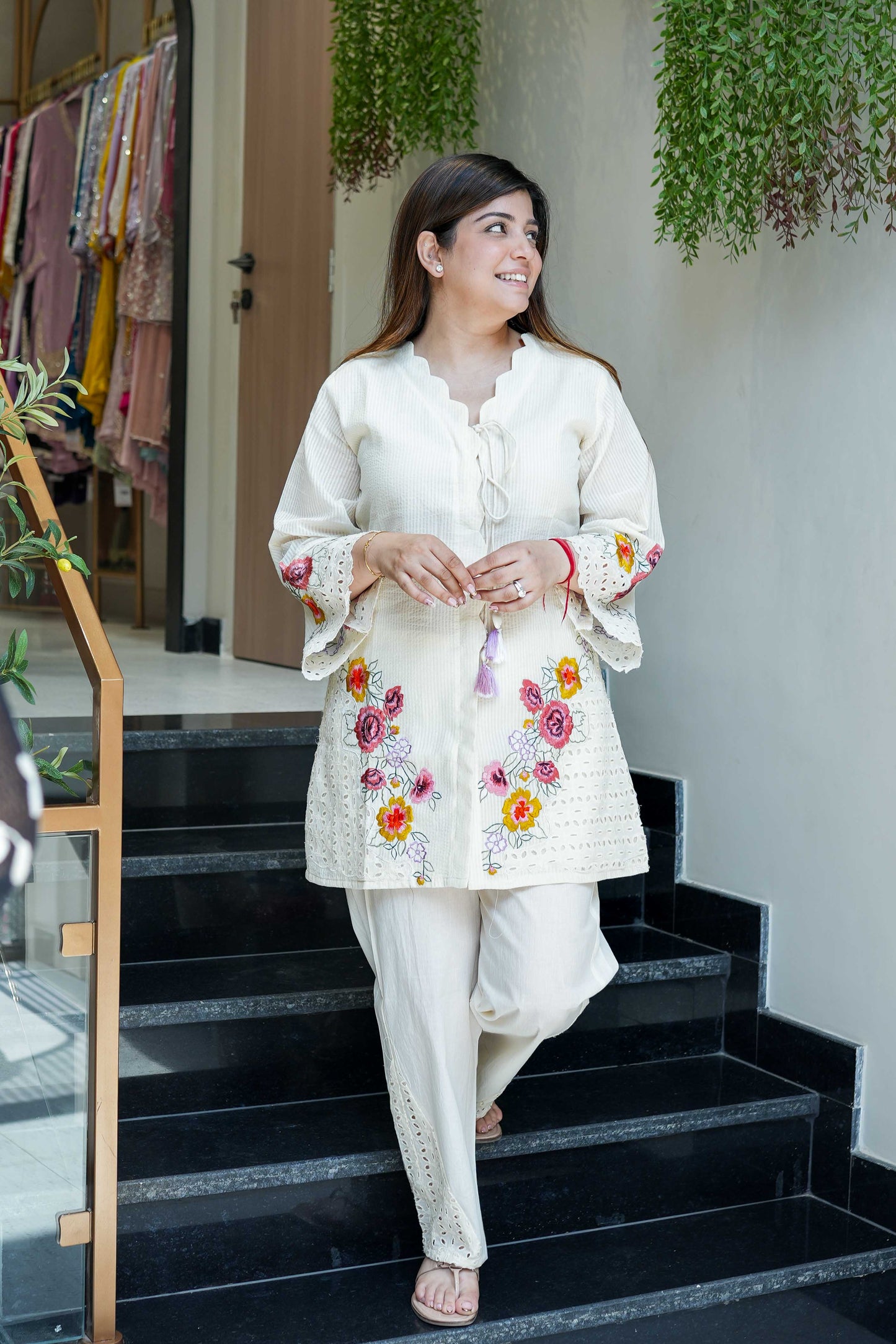 Sidra White Floral Schiffli Co ord Set