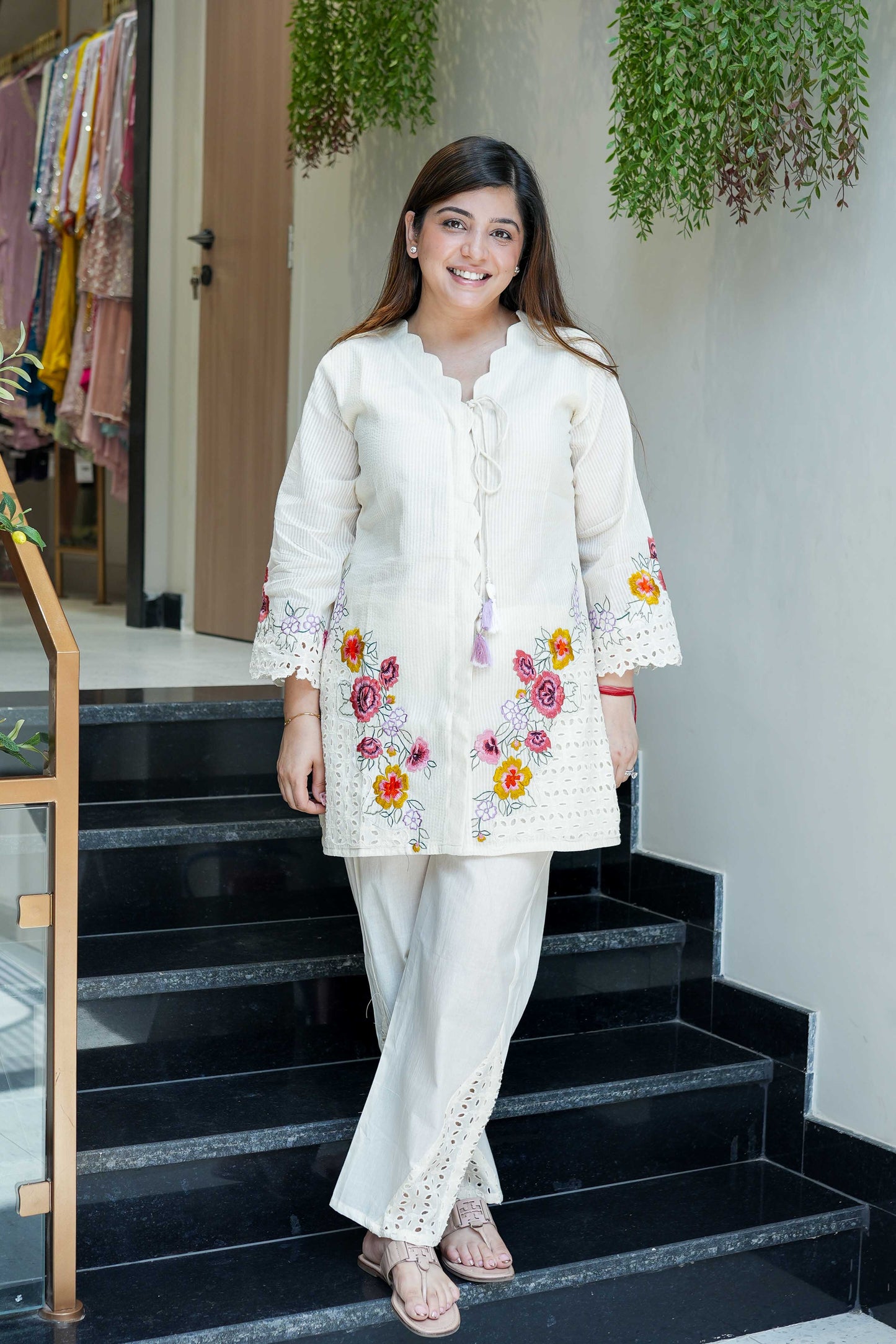 Sidra White Floral Schiffli Co ord Set