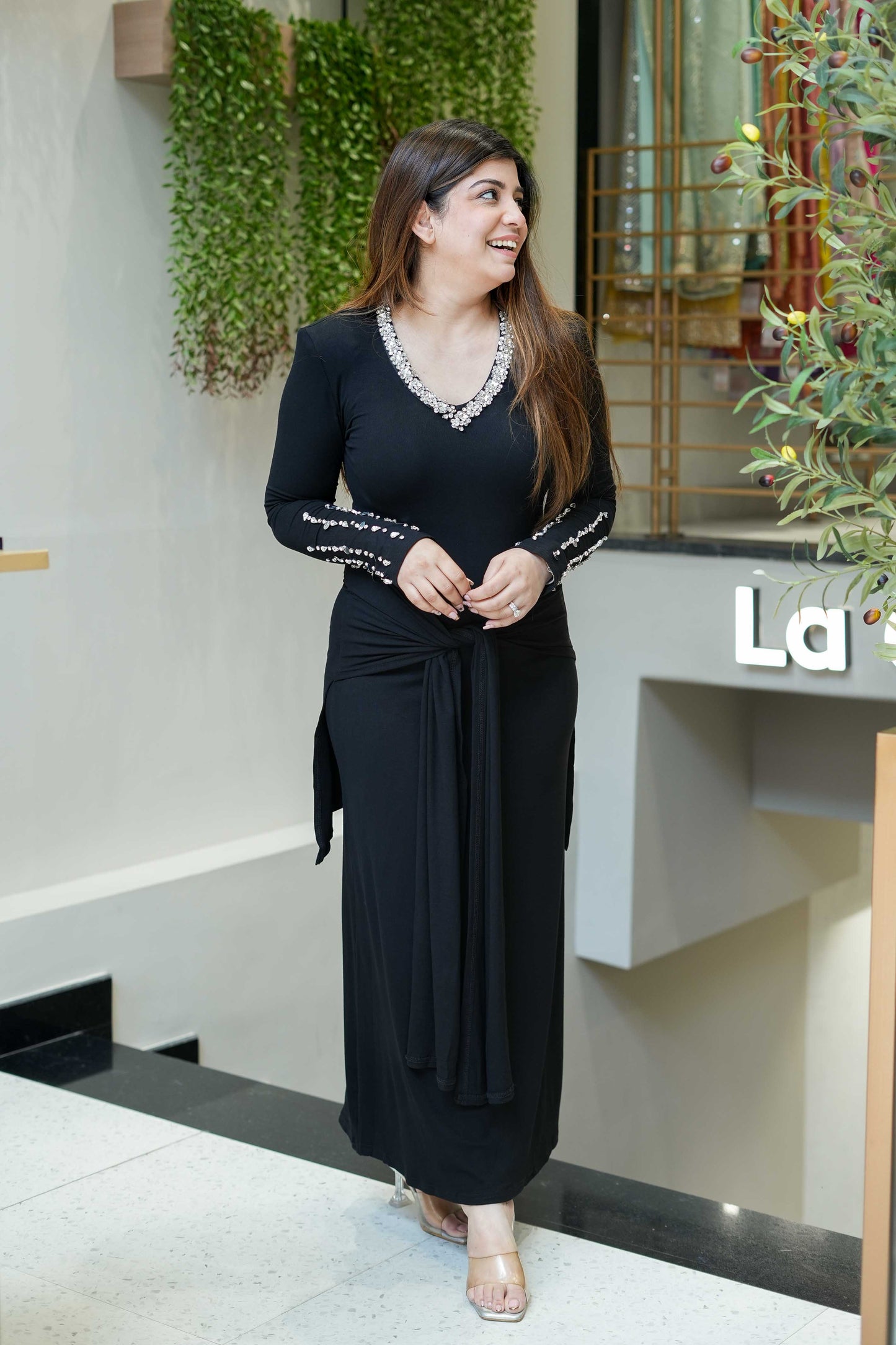 Rinaya Black Crystal Embellished Bodycon Dress