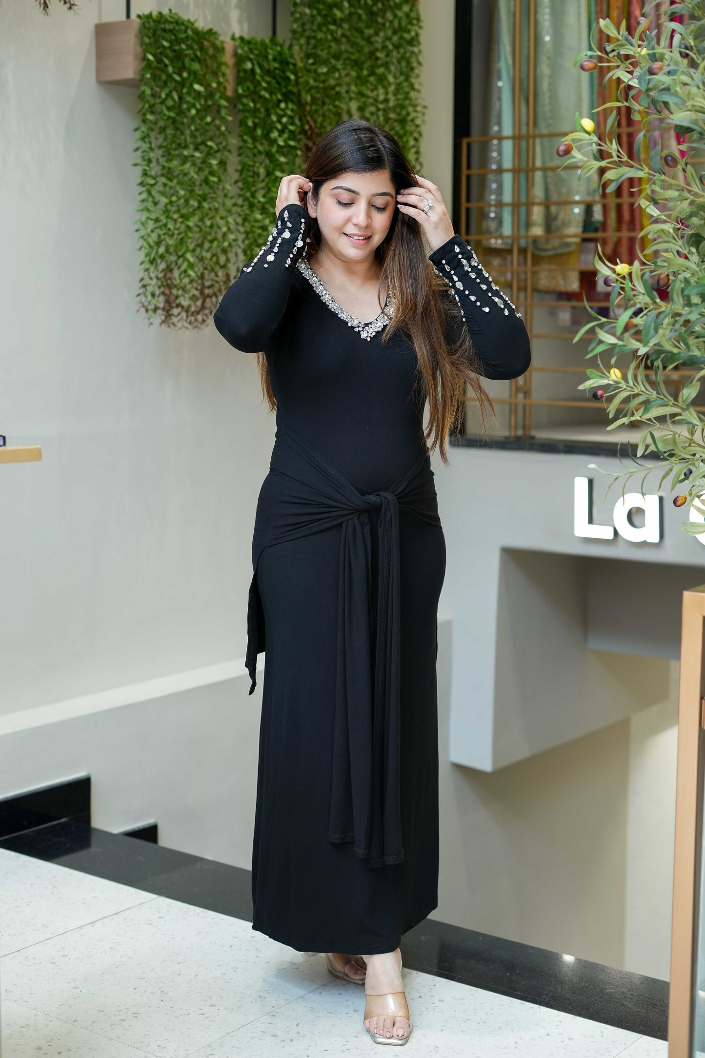 Rinaya Black Crystal Embellished Bodycon Dress