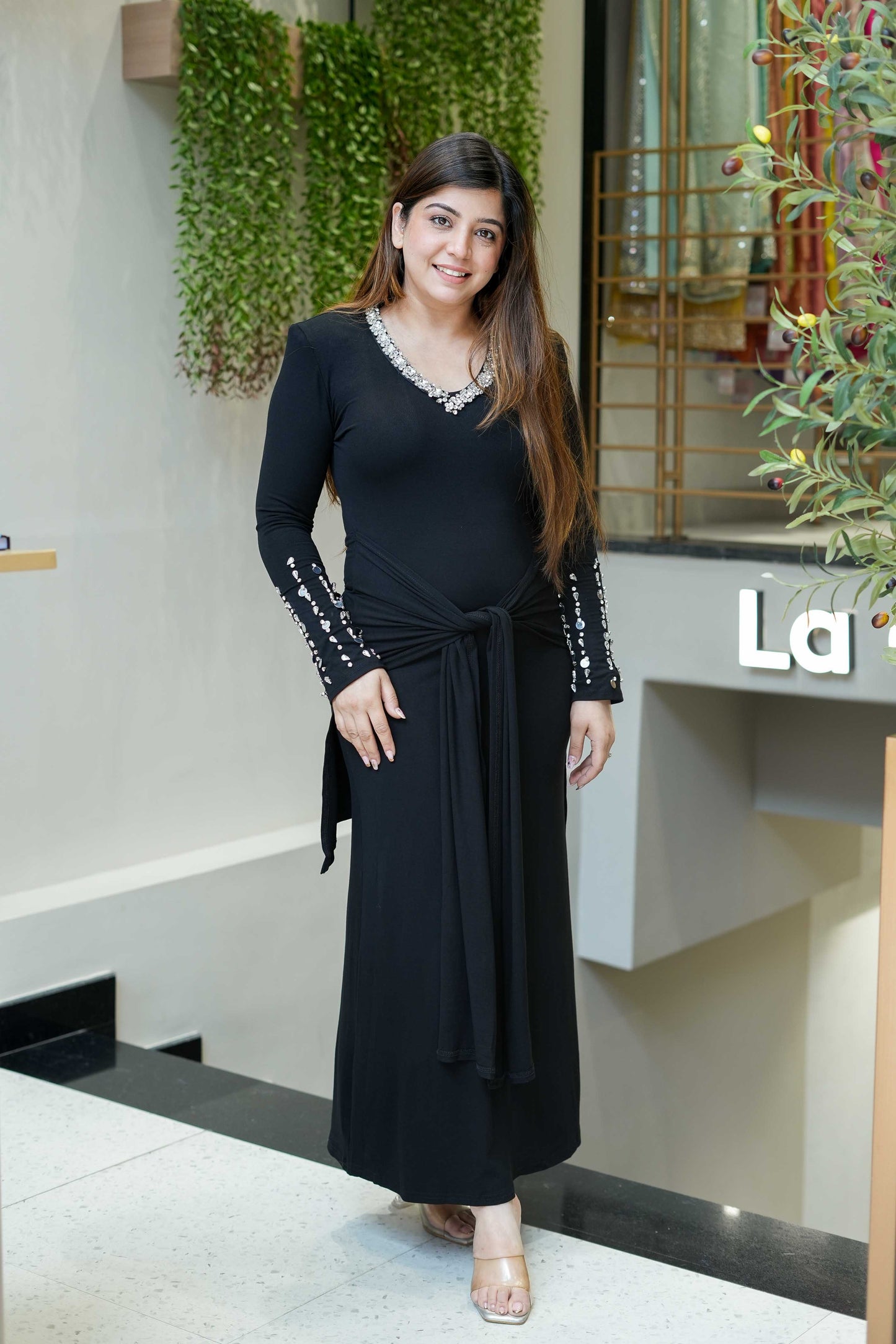 Rinaya Black Crystal Embellished Bodycon Dress