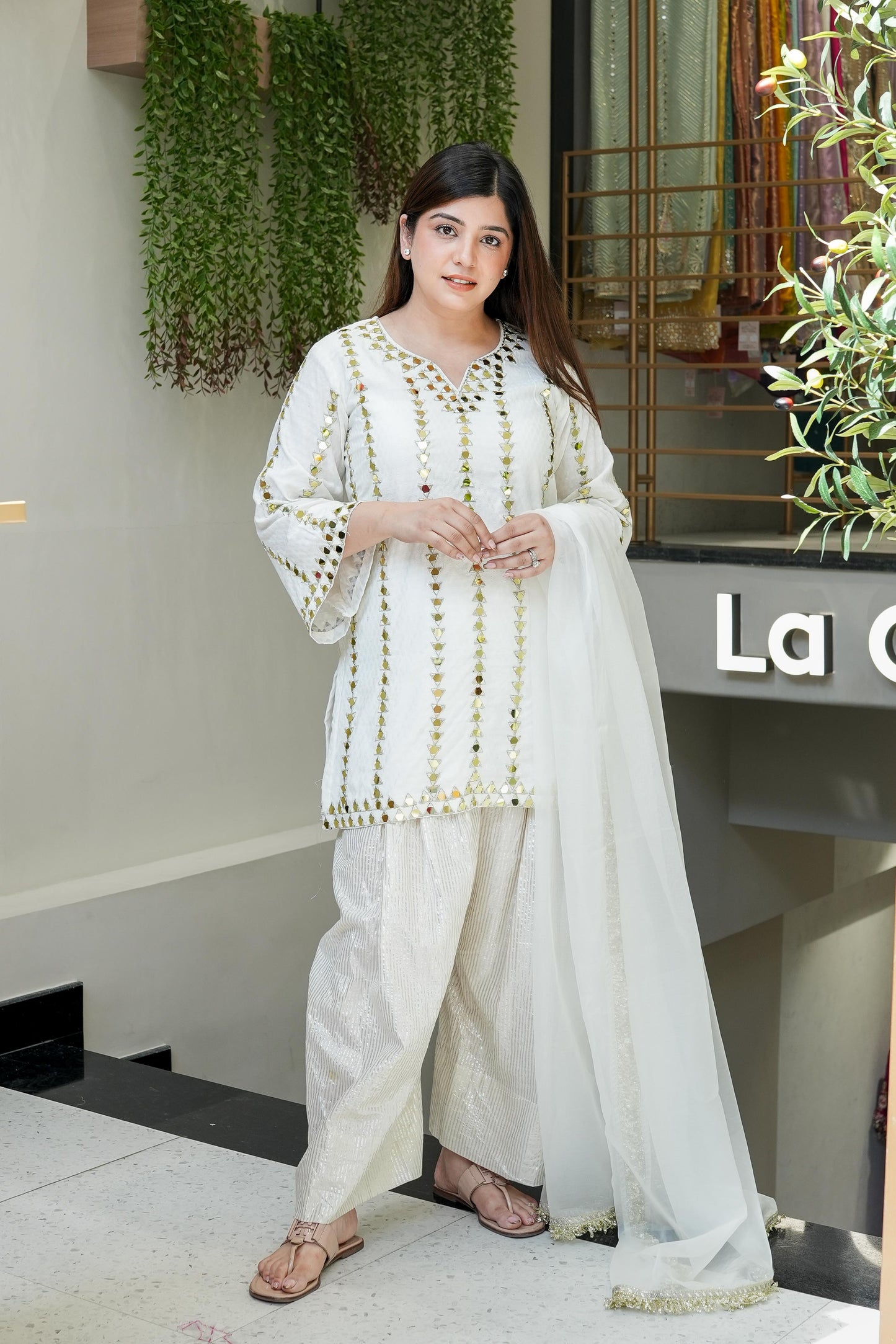 Rihanna White Mirror Work Farsi Salwar Suit Set