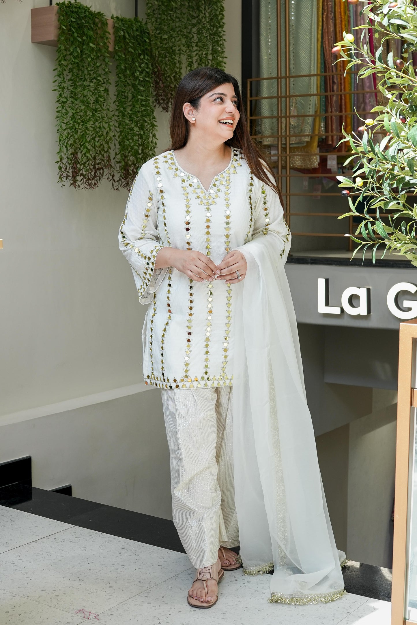 Rihanna White Mirror Work Farsi Salwar Suit Set