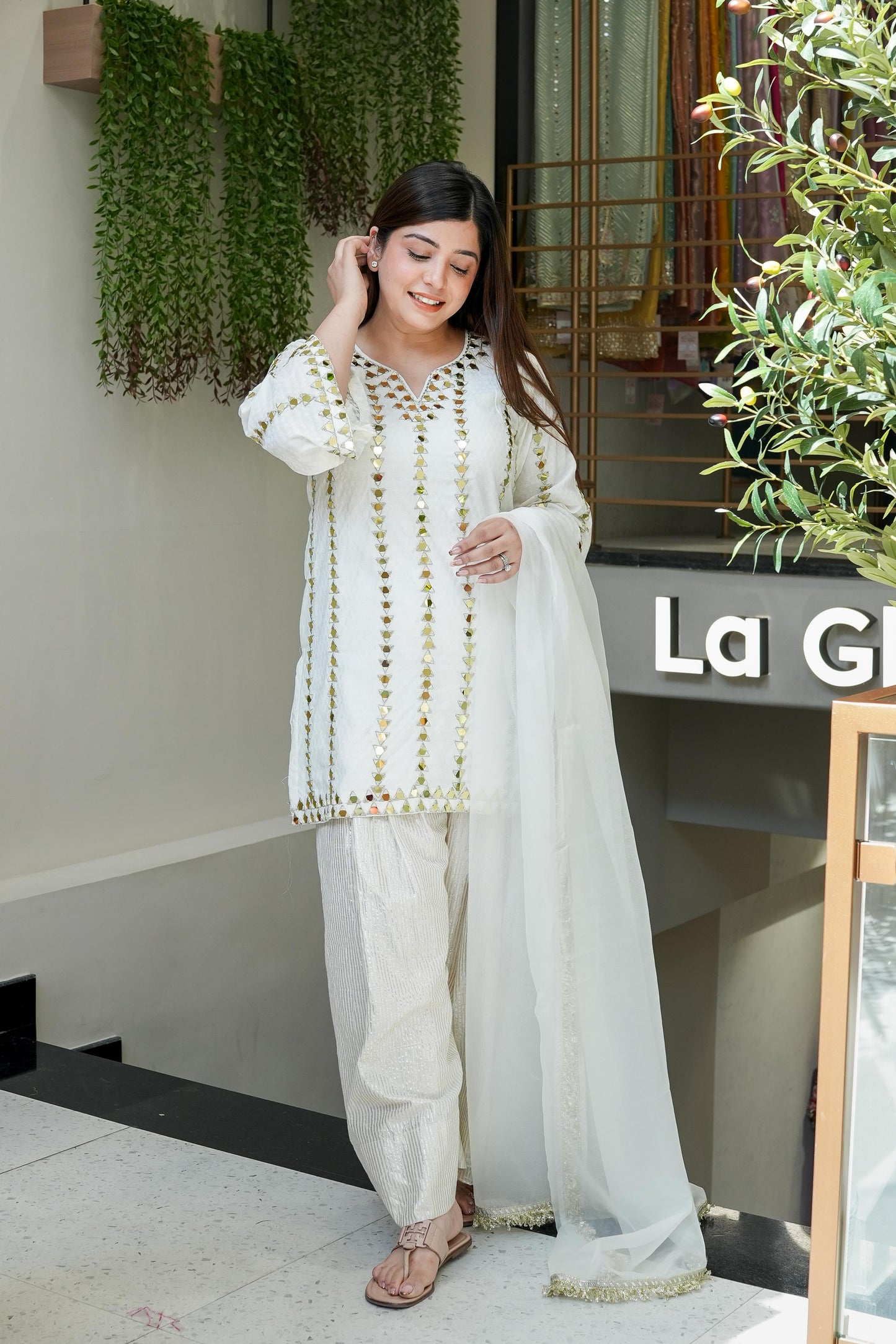 Rihanna White Mirror Work Farsi Salwar Suit Set