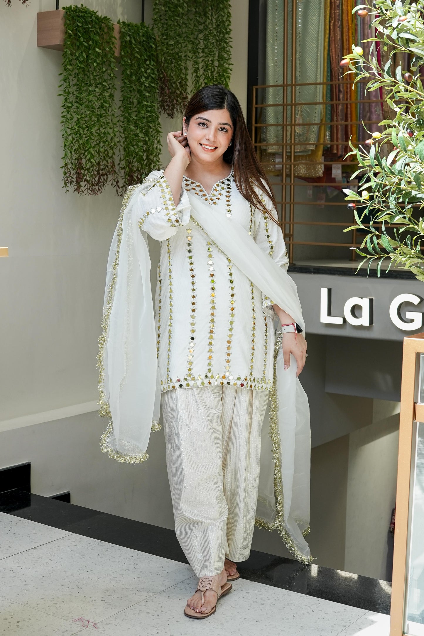 Rihanna White Mirror Work Farsi Salwar Suit Set