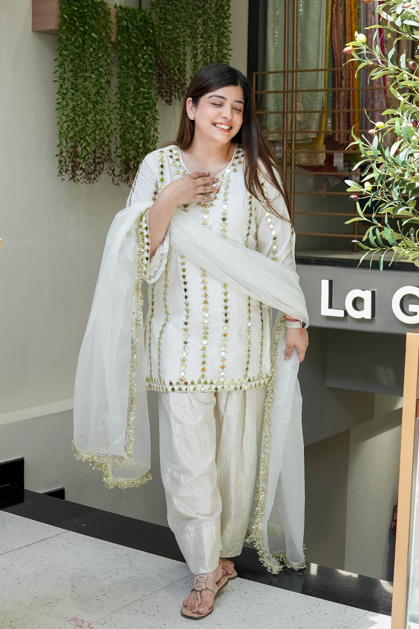 Rihanna White Mirror Work Farsi Salwar Suit Set