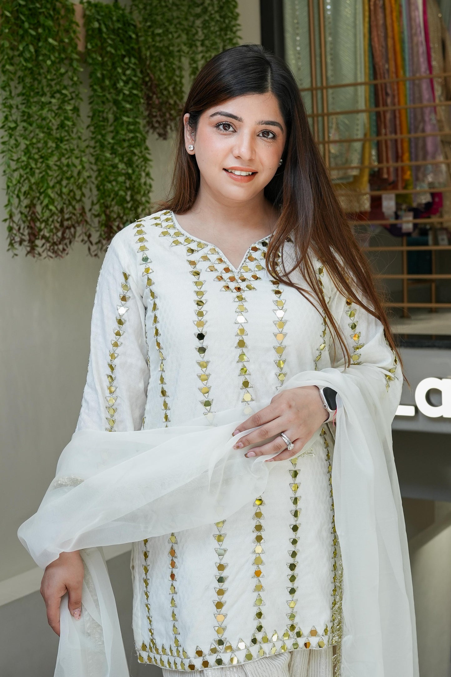 Rihanna White Mirror Work Farsi Salwar Suit Set
