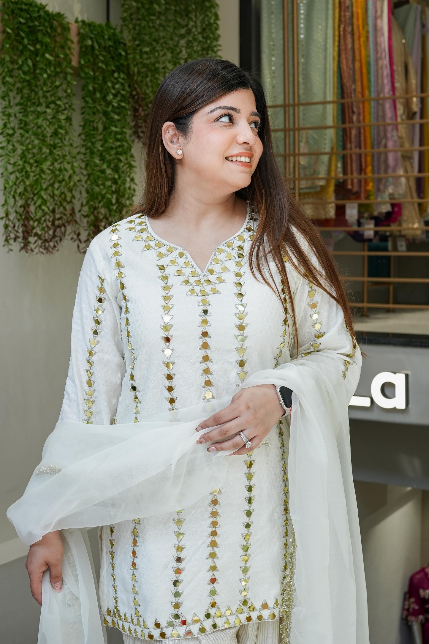 Rihanna White Mirror Work Farsi Salwar Suit Set