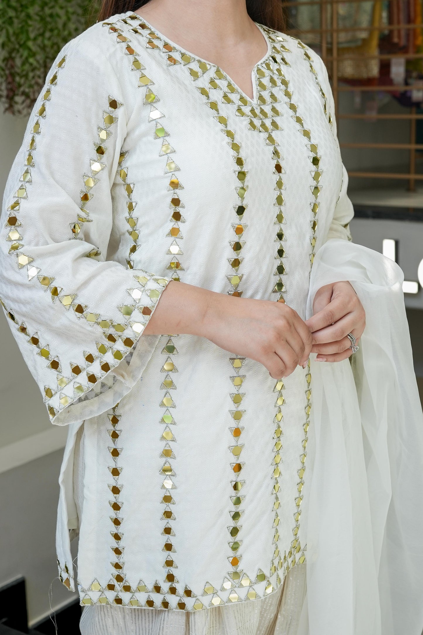Rihanna White Mirror Work Farsi Salwar Suit Set