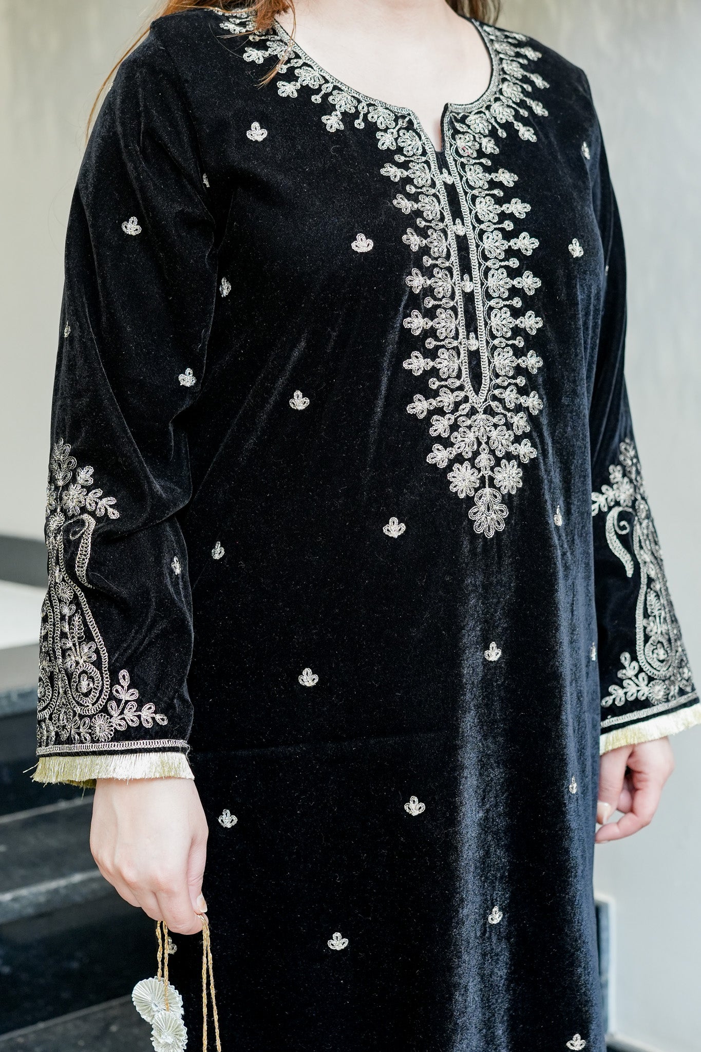 Fariya Embroidered Velvet Dress with Potli