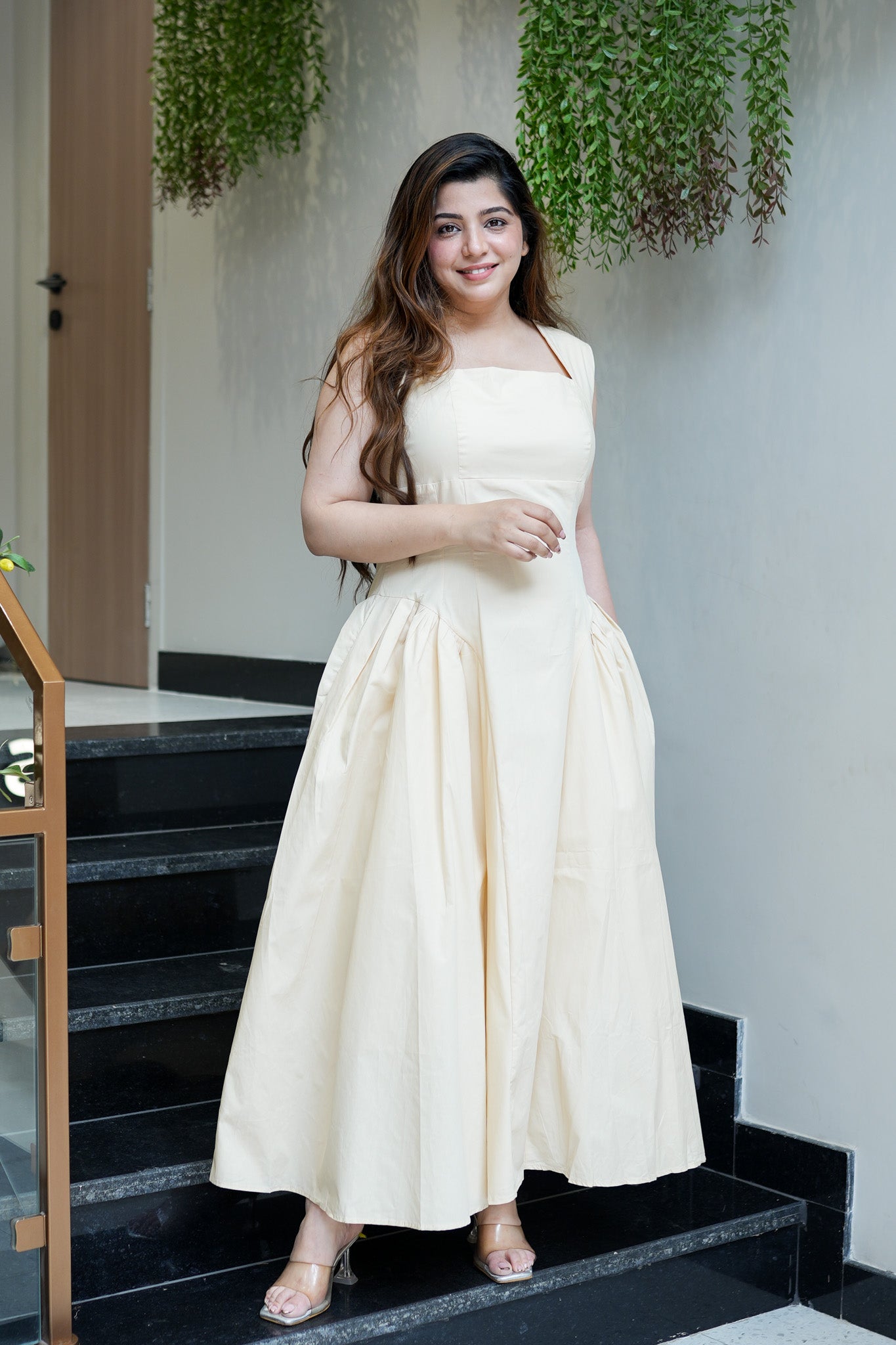 Tiara Beige Flared Long Dress