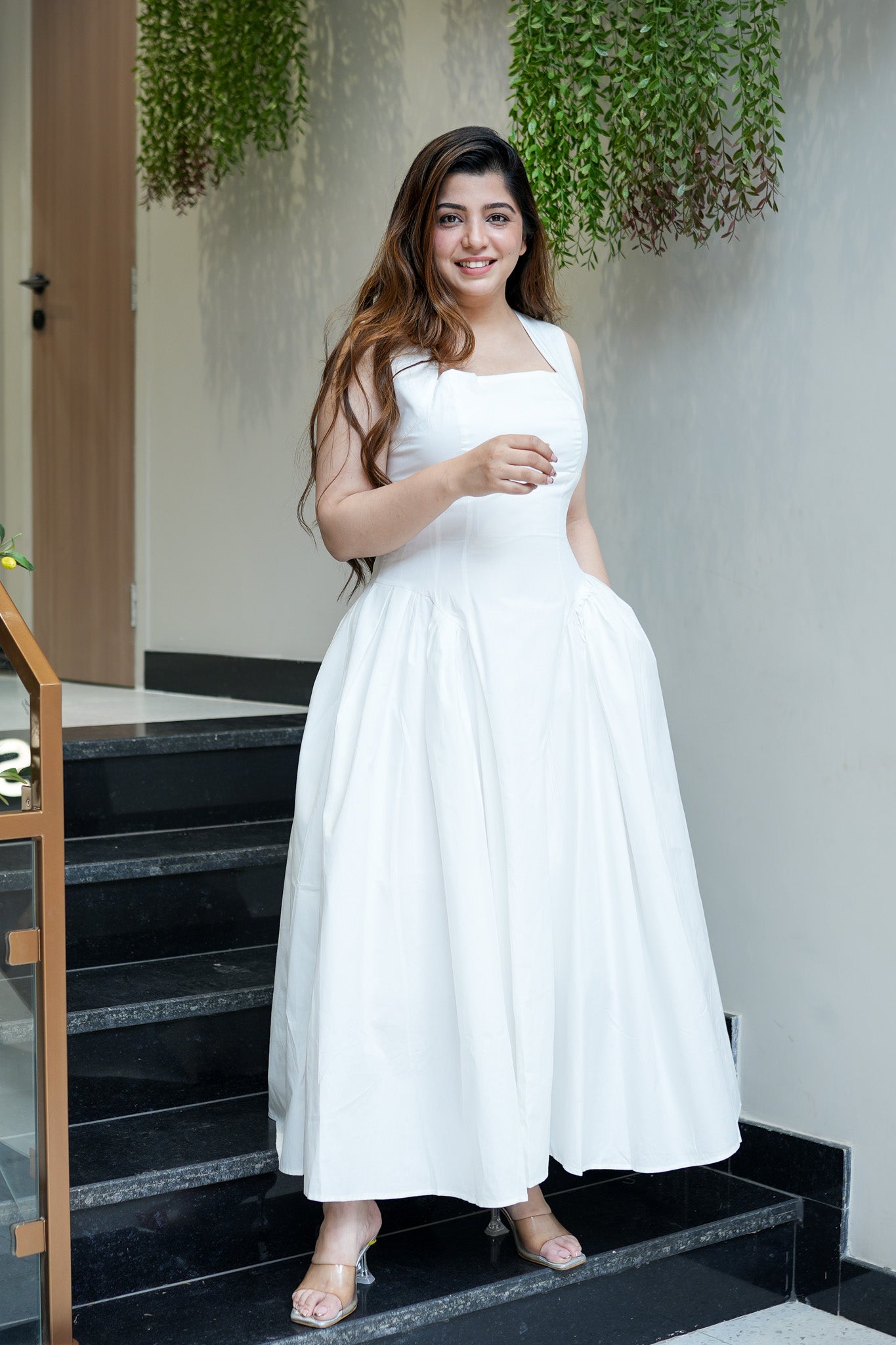 Tiara White Flared Long Dress