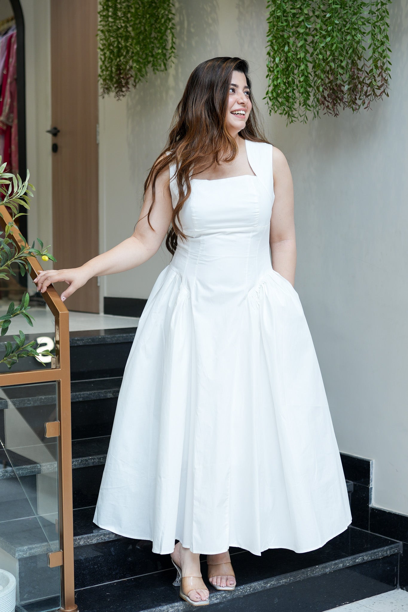Tiara White Flared Long Dress