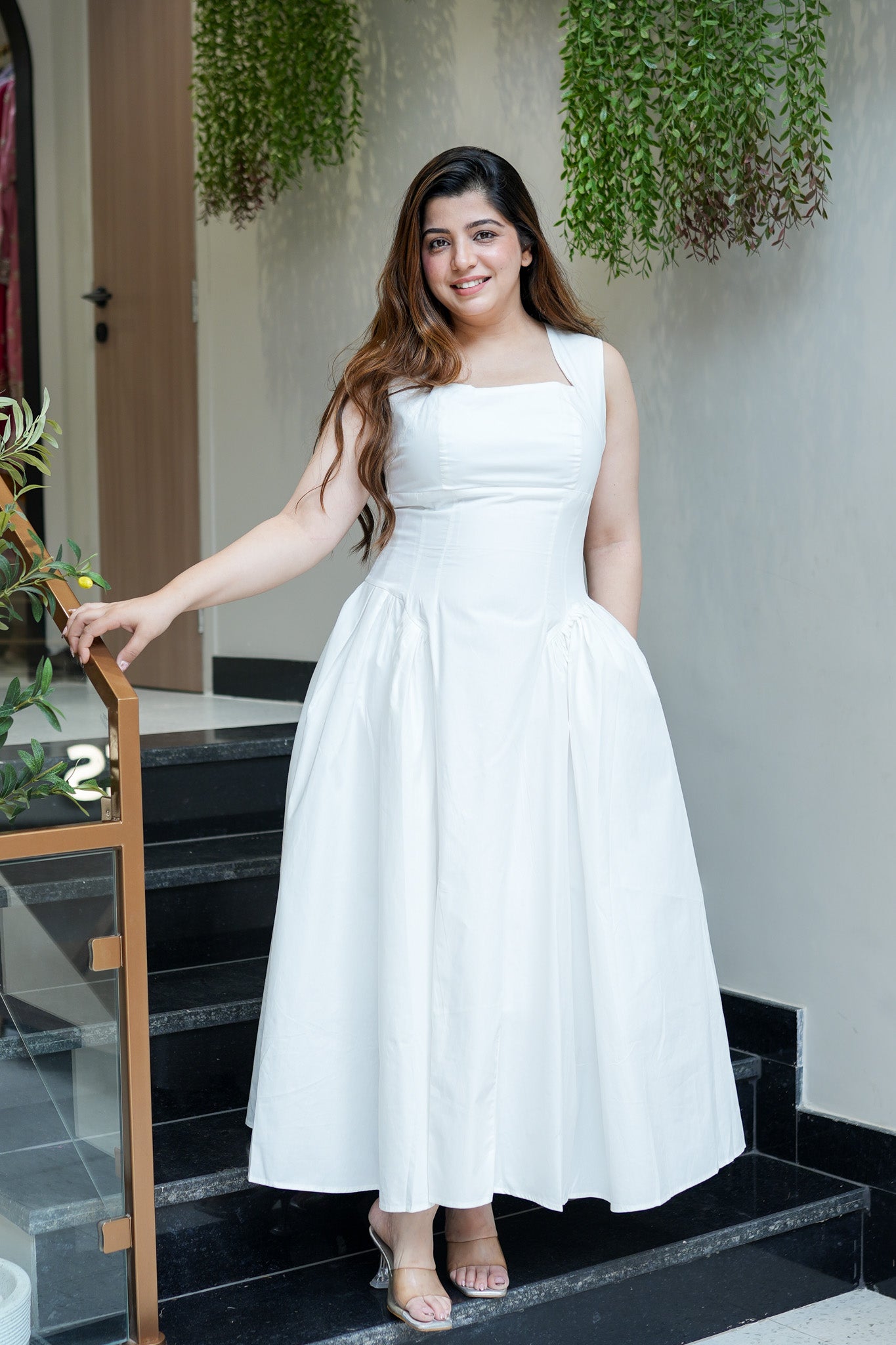 Tiara White Flared Long Dress