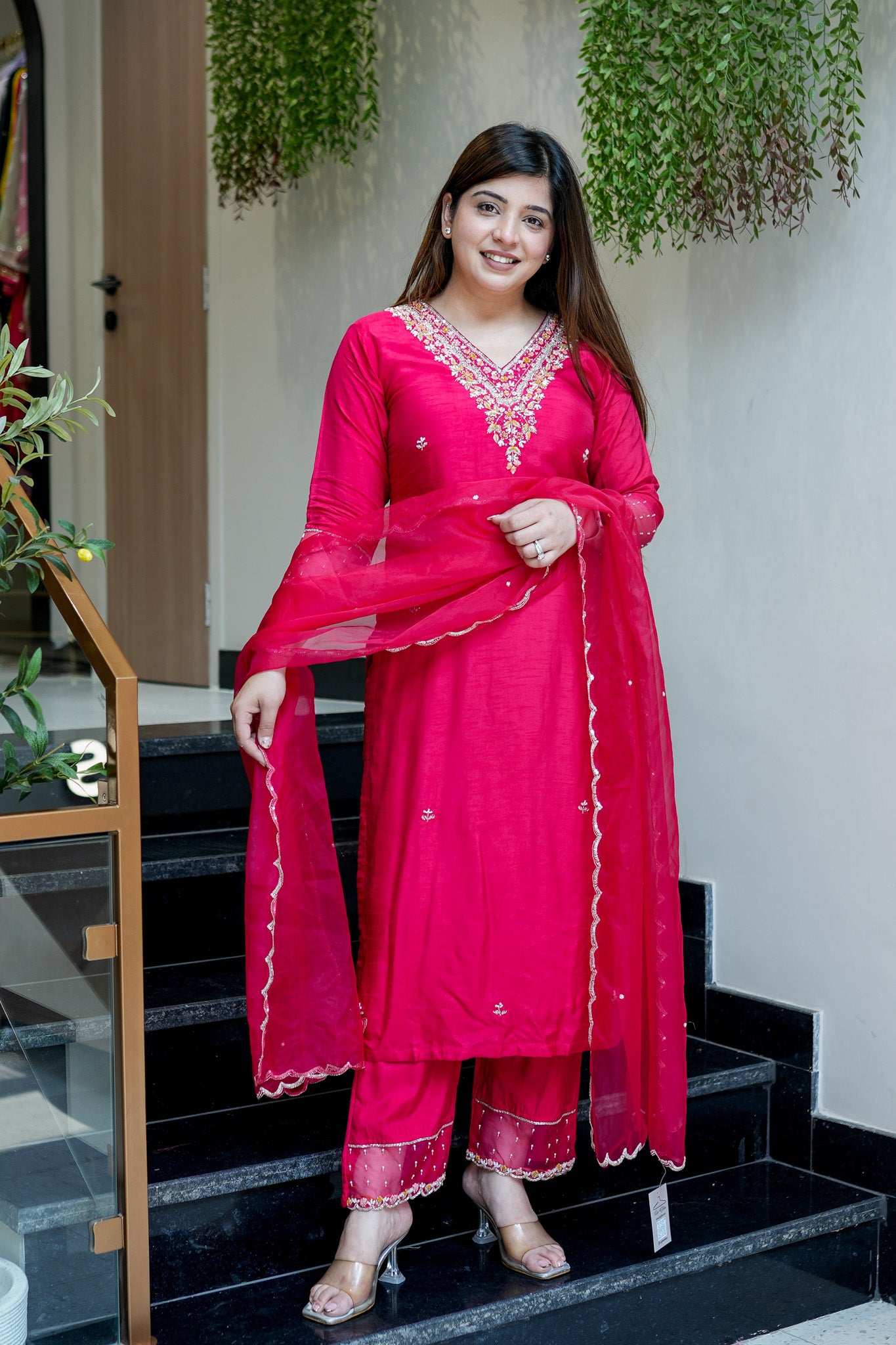 Anvi Hot Pink Embroidered Suit Set