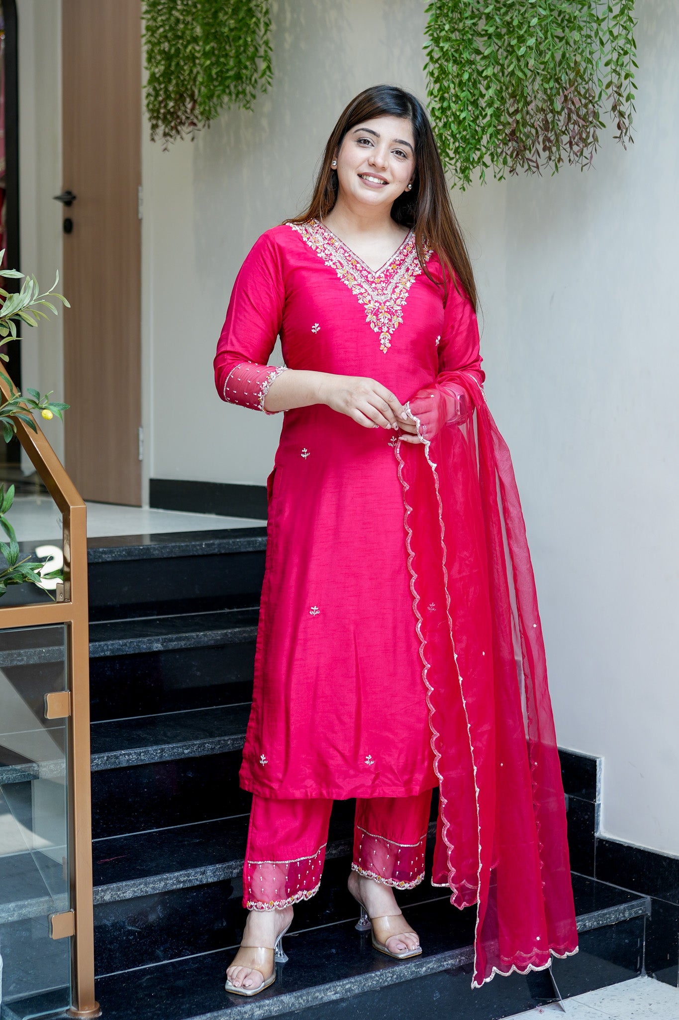 Anvi Hot Pink Embroidered Suit Set